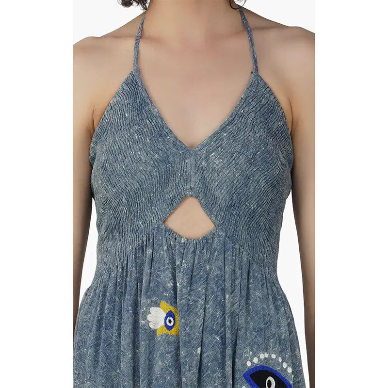 Evil Eye Maxi Dress for Women - Bohemian Long Flowy Summer Dress with Protection Symbol | Perfect for Beach Vacations, Music Festivals & Boho Chic Outfits