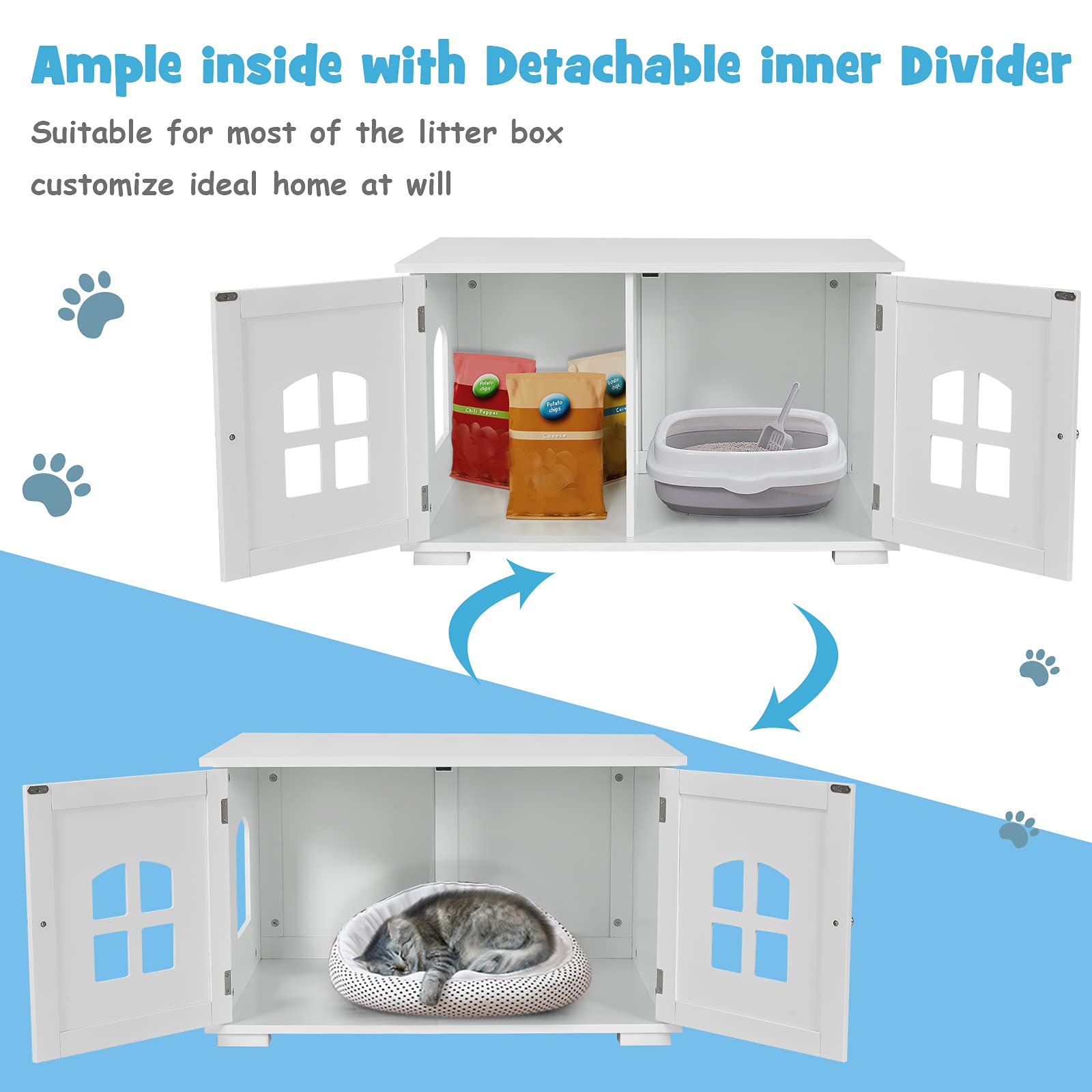 **White Wooden Cat Litter Box Enclosure - Hidden Kitty Washroom Storage Cabinet with Double Doors & Windows - Furniture Bench End Table for Living Room & Bedroom - Perfect for Small Spaces & Pet-Friendly Homes**