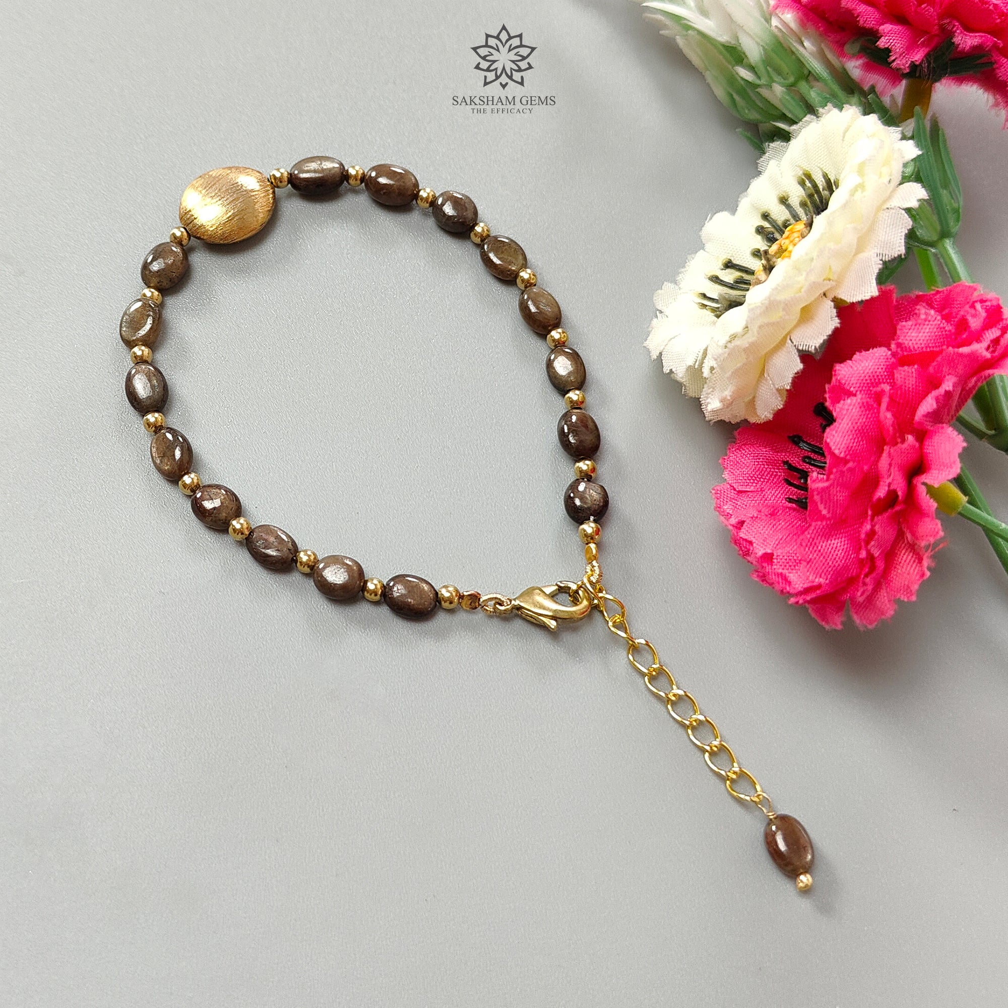 Golden Brown Chocolate Sapphire Beads Bracelet - 42.75cts Natural Untreated Oval Sapphire with Plain Brass, 6*5mm 6.80