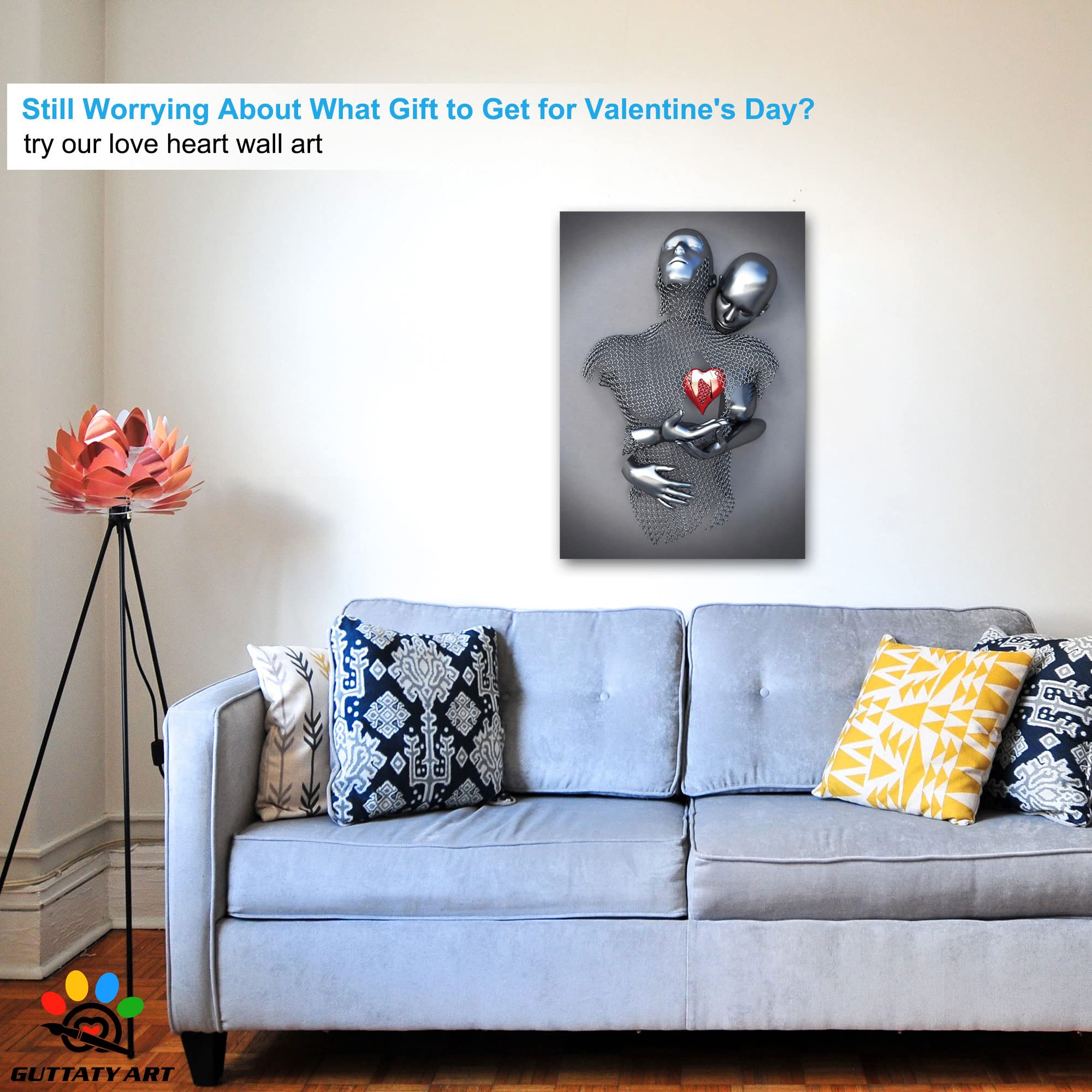 3D Metal Effect Love Heart Gray Canvas Wall Art - Romantic Hugging Couple Painting for Bedroom & Living Room Decor - Valentine's Day Gift for Couples (28x40 Inches) - Perfect for Anniversary, Wedding & Home Interior Design