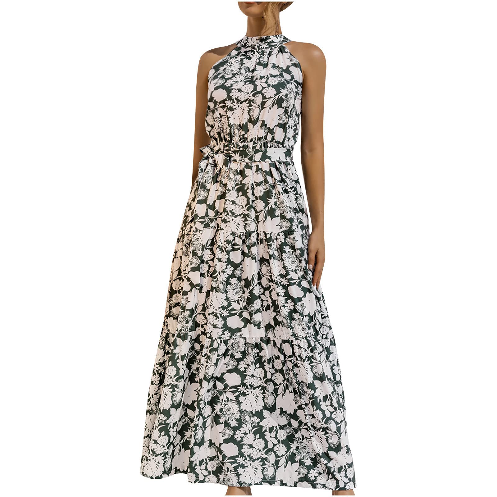 Sexy Sleeveless Floral Print Halter Maxi Dress for Women - Summer Beach Party, Vacation, Date Night Outfit