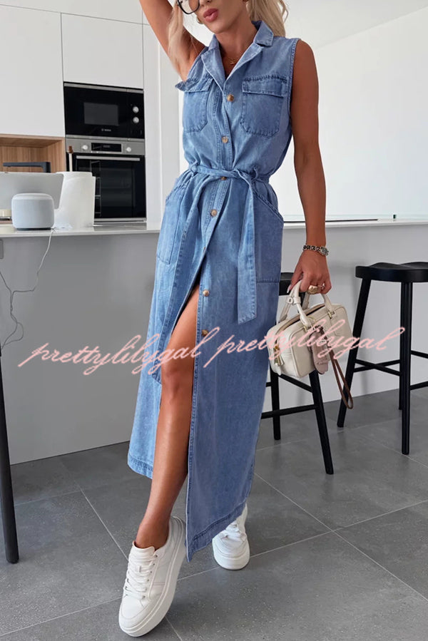 Solid Color Sleeveless Denim Midi Dress with Waist Tie & Pockets - Casual Summer Dress for Women, Perfect for Beach Outings, Picnics, and Weekend Brunch