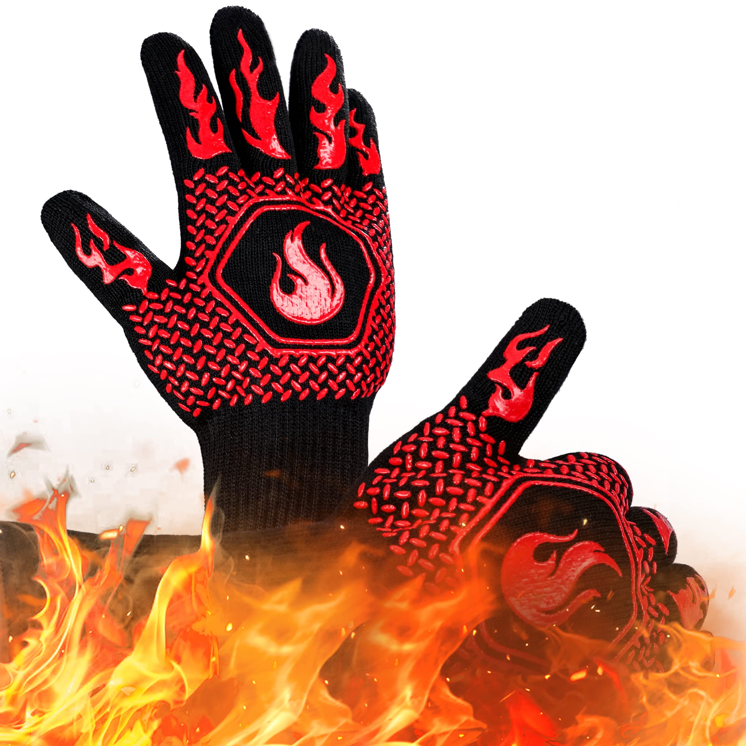Heat-Resistant BBQ Gloves - 1472°F Fireproof & Cut-Resistant Grill Gloves with Non-Slip Silicone Grip for Safe Cooking, Grilling, Frying & Baking - Perfect for Outdoor BBQ, Camping & Kitchen Use (2 Pairs, Red)