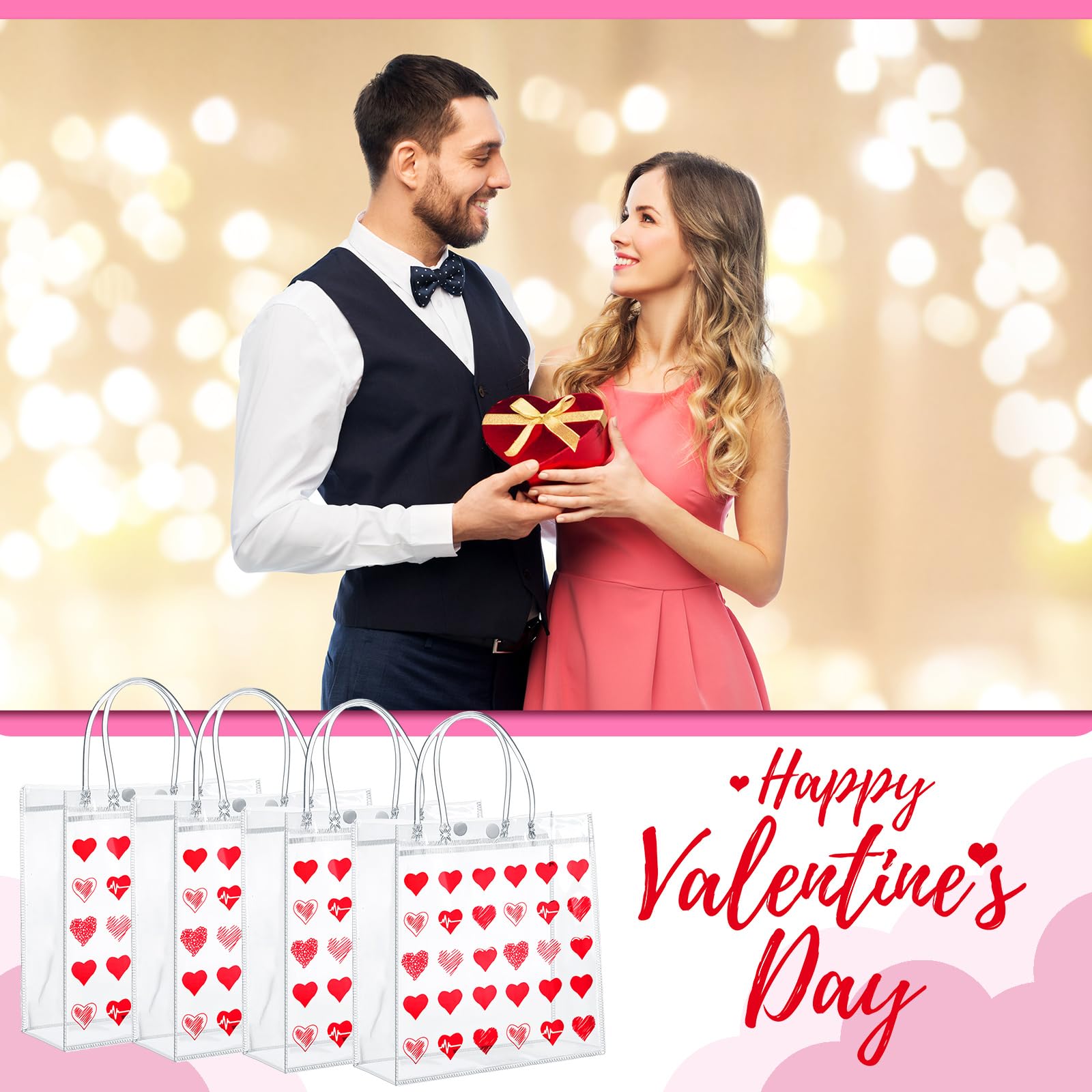 Uiifan 24-Pack Clear PVC Valentine's Day Gift Bags with Handles - Transparent Heart Print Reusable Tote Bags for Valentine's, Galentine's Day Gifts & Party Favors - Perfect for Candy, Jewelry & Small Present Wrapping