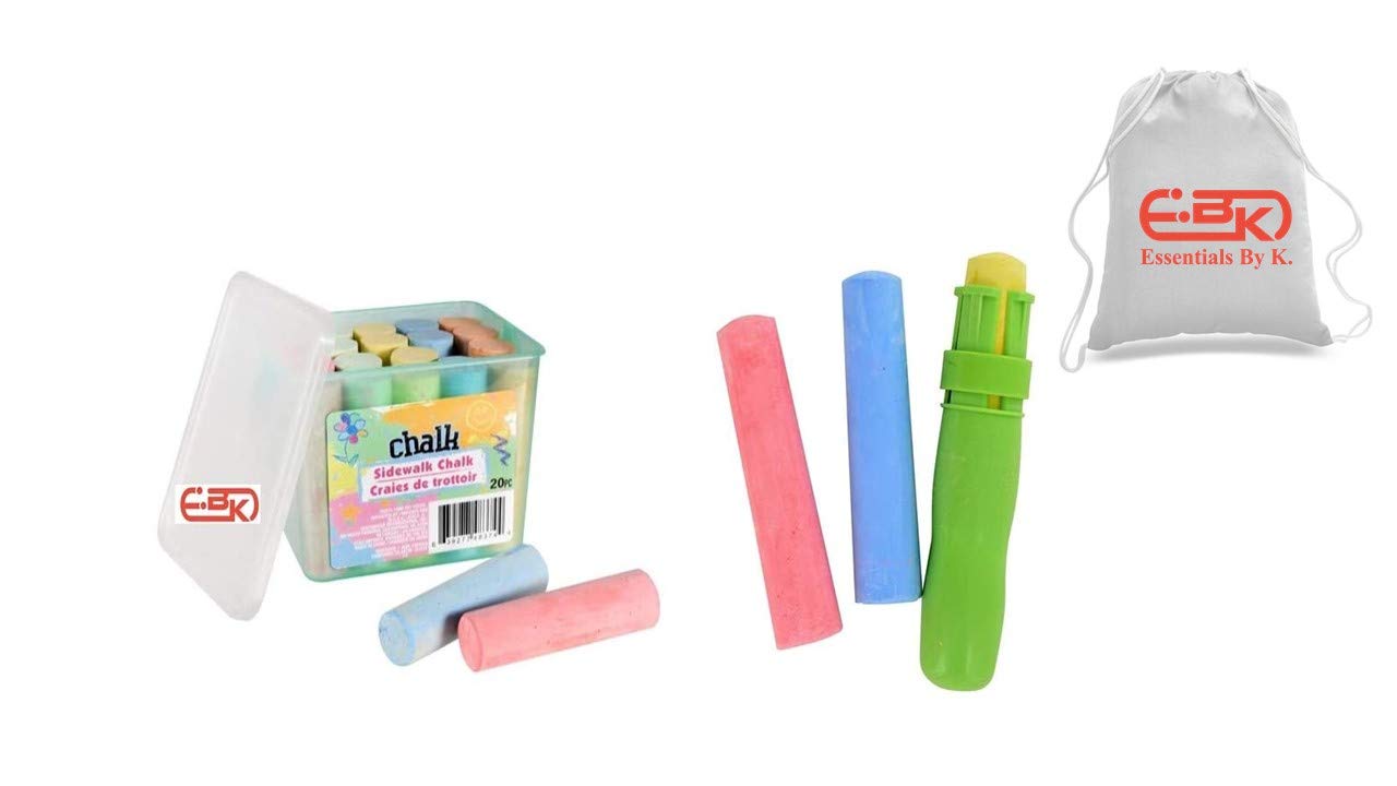EBK Jumbo Sidewalk Chalk Set for Kids - 23 Non-Toxic Giant Chalk Sticks with Bucket Holder & Bonus Drawstring Bag - Outdoor Play, Art, Games, Birthday Party Fun