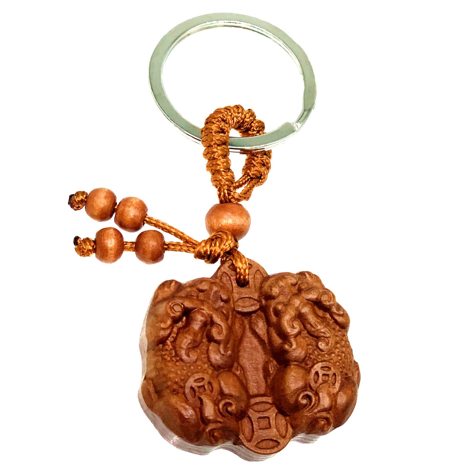 Handmade Feng Shui Wooden Double Pi Yao/Pi Xiu Coin Biting Keychain - Wealth & Prosperity Amulet - Perfect for Home, Office, or Car Keyring