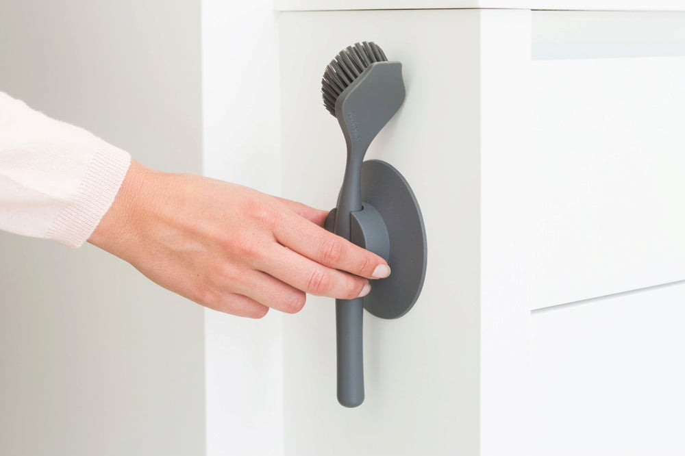 Dark Grey Dish Brush with Suction Cup Holder - Perfect for Kitchen Sink Cleaning and Dishwashing
