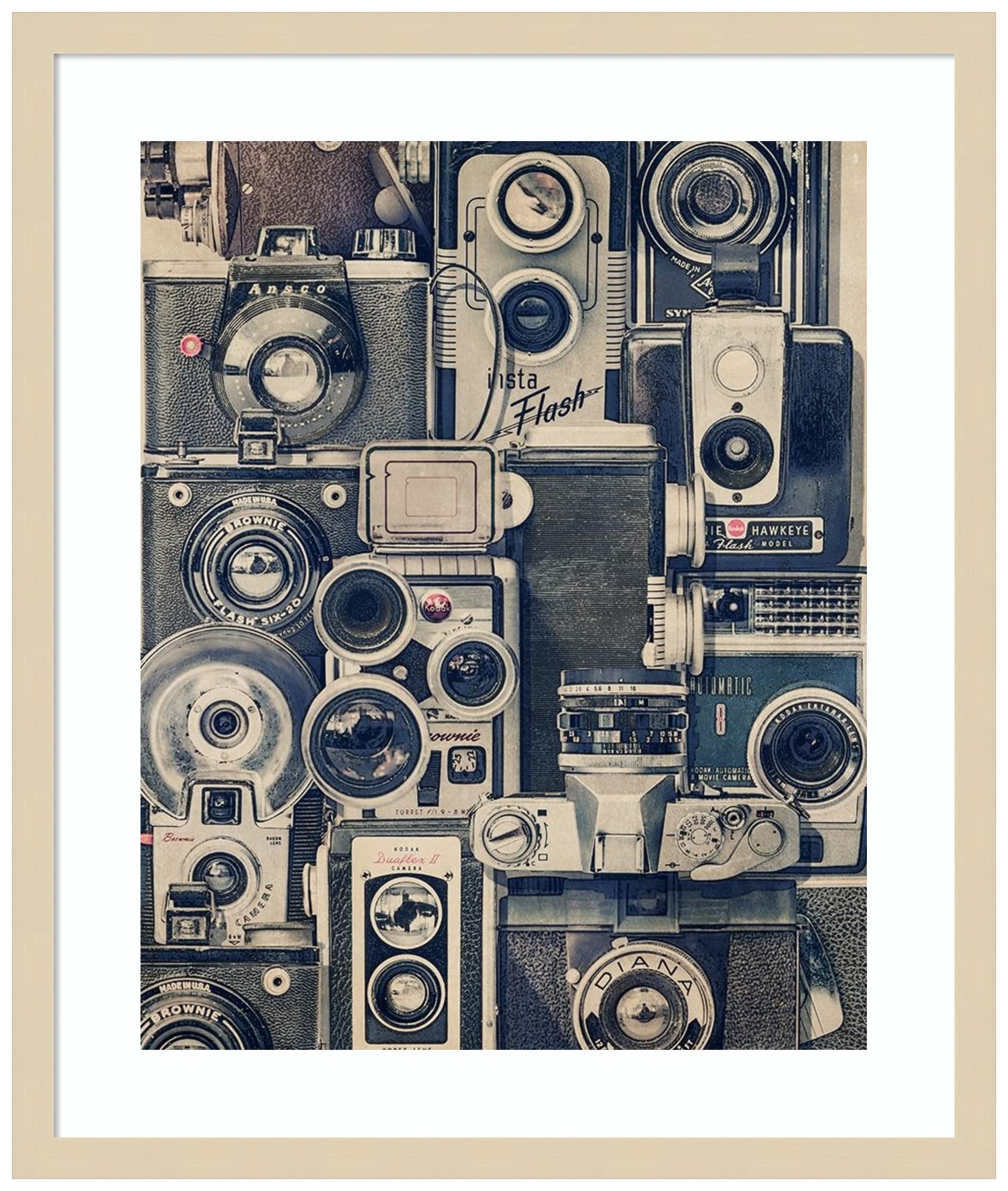 Vintage Cameras Wall Art Print by Thomas Brown - Wood Framed Picture 21x25 Inches, Svelte Natural Frame - Home Office Decor, Living Room Gallery Wall
