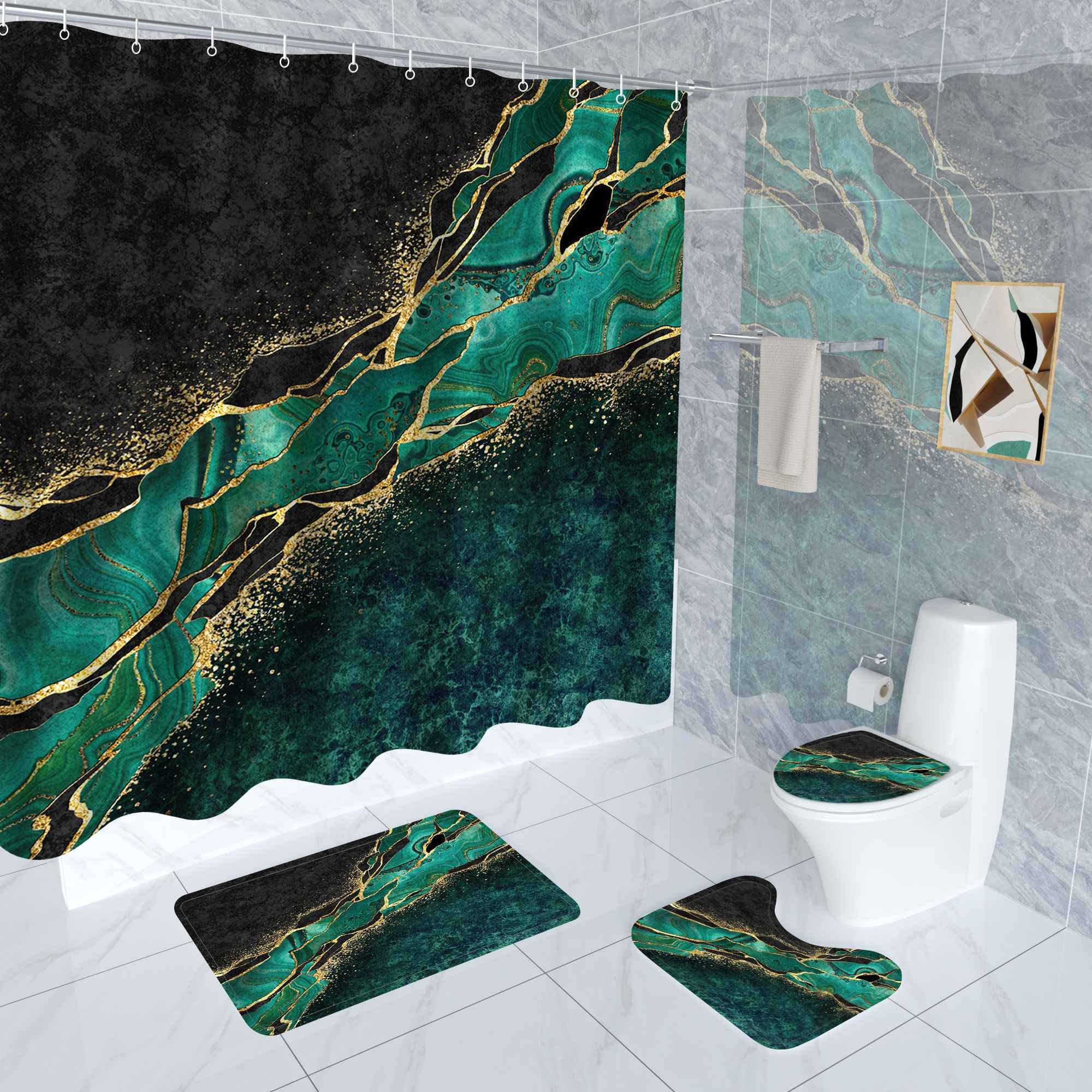 4-Piece Dark Green Marble Bathroom Shower Curtain Set with Non-Slip Rug, Toilet Lid Cover & 12 Hooks - Waterproof Bathroom Decor for Modern Homes, Spa-Like Shower Experience