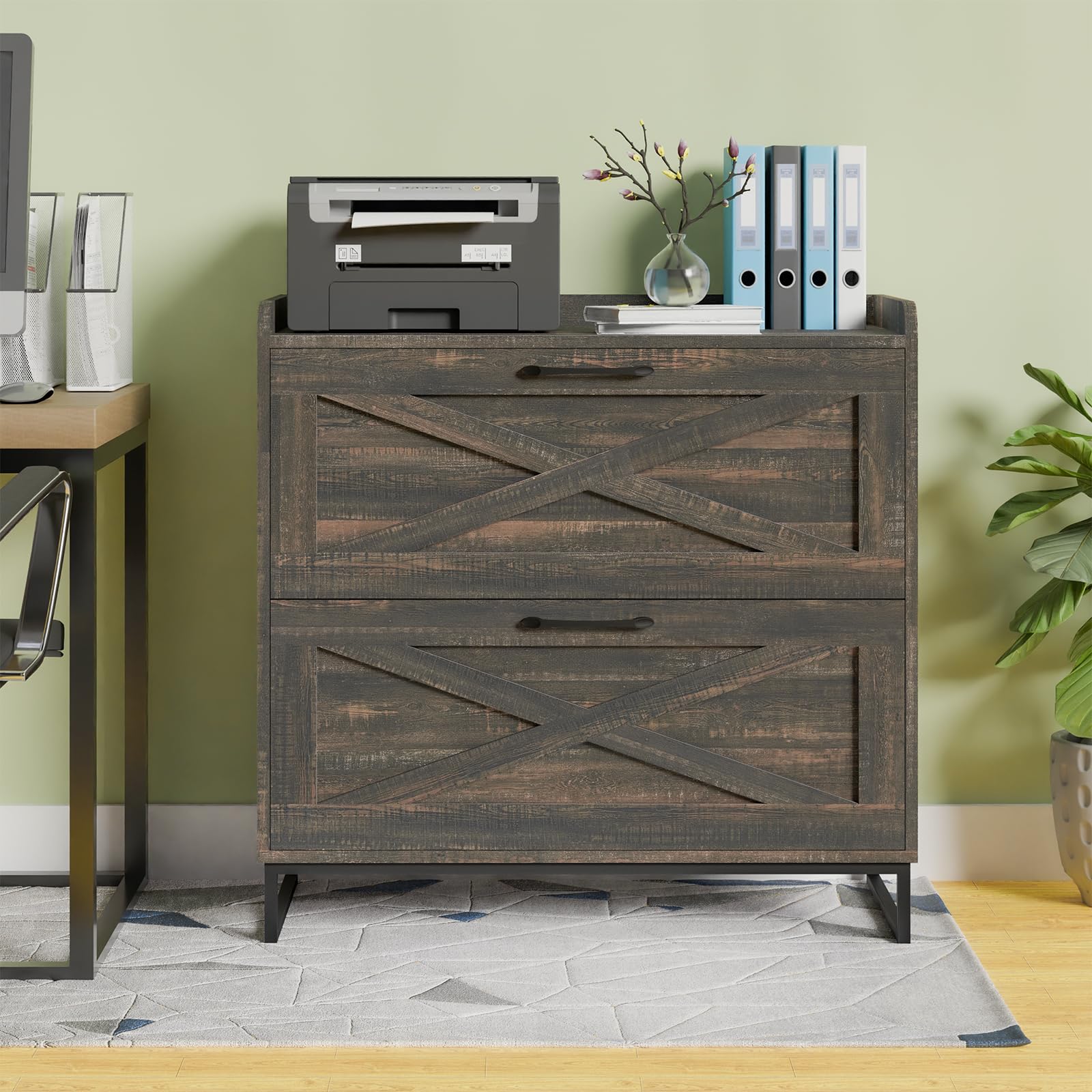 2-Drawer Lateral File Cabinet with USB Charging Station - Legal/Letter/A4 Hanging File Storage - Modern Farmhouse Wood Office Furniture for Home & Workspace (Dark Rustic Oak) - Perfect for Organizing Documents & Charging Devices in Home Offices, Study Rooms & Small Businesses