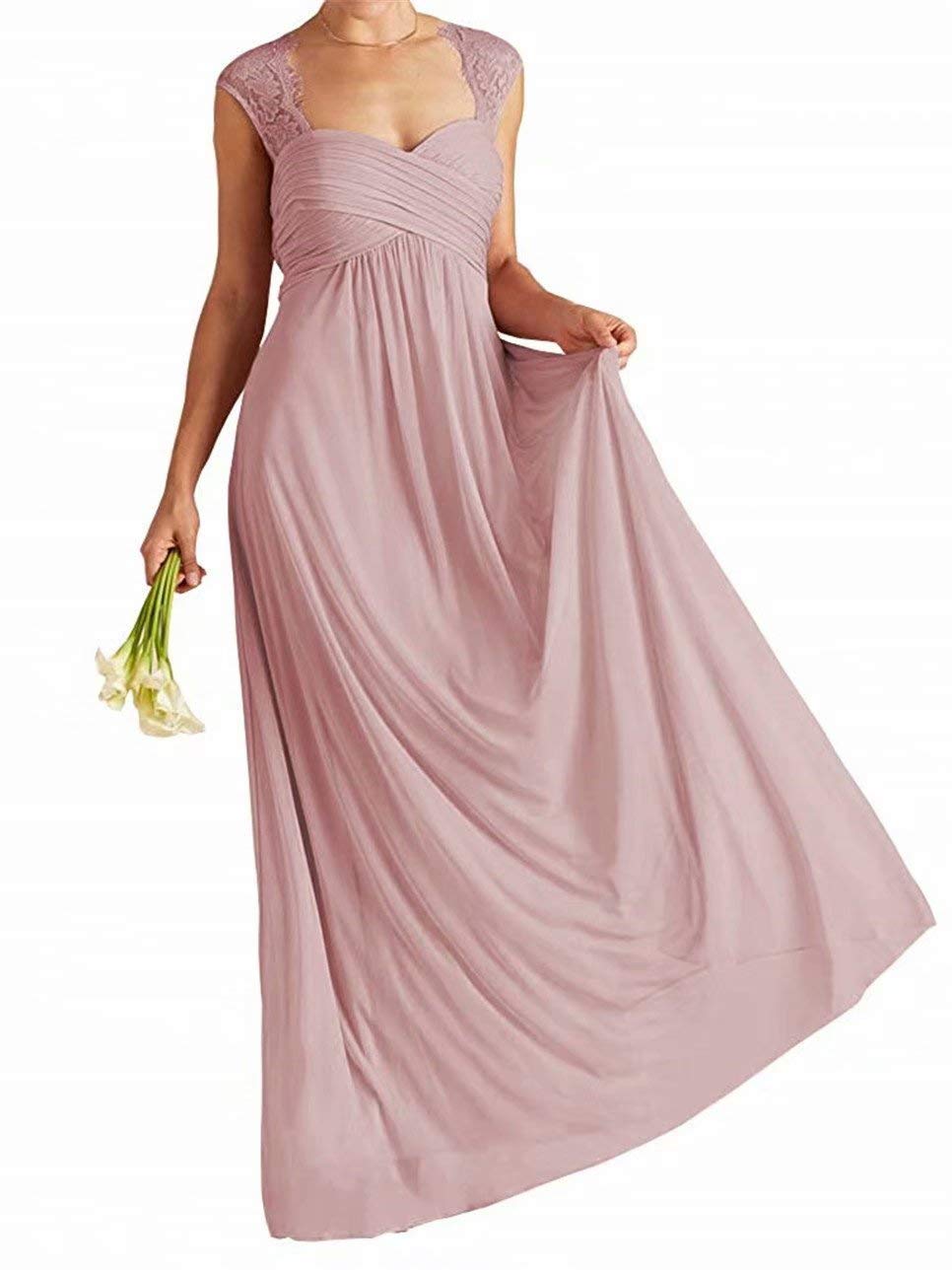 Elegant Women's Lace Cap Sleeve Bridesmaid Dress - Long Chiffon Beach Wedding Evening Prom Gown for Formal Events & Special Occasions