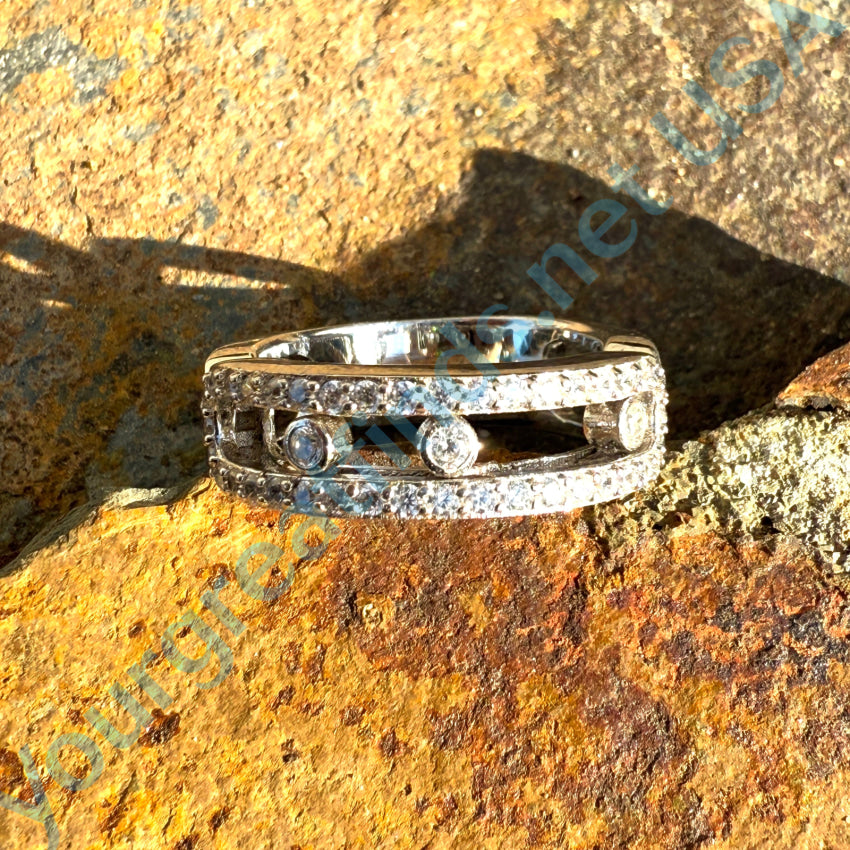 Sterling Silver Band Ring with Floating Cubic Zirconia Stones - Size 8 | Elegant Wedding, Engagement, Anniversary Jewelry Gift for Women