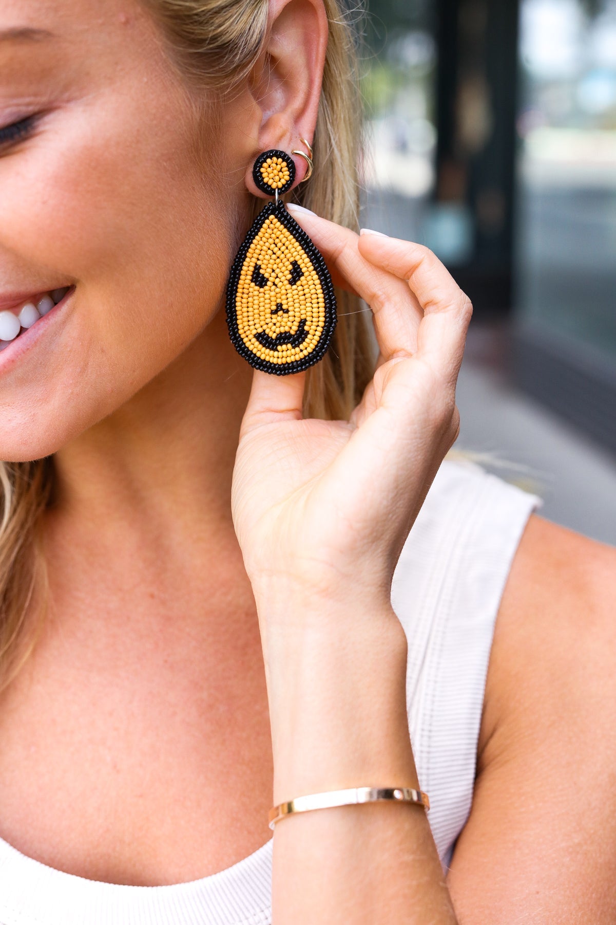 Orange & Black Jack O'Lantern Teardrop Halloween Earrings for Women - Spooky Party Accessories, Costume Jewelry for Trick or Treat, Pumpkin Festival & Fall Celebrations