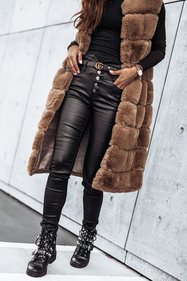 Solid Color Fur Round Neck Sleeveless Midi Vest Jacket for Women - Cozy Winter Fashion Outerwear for Casual Outings & Office Wear