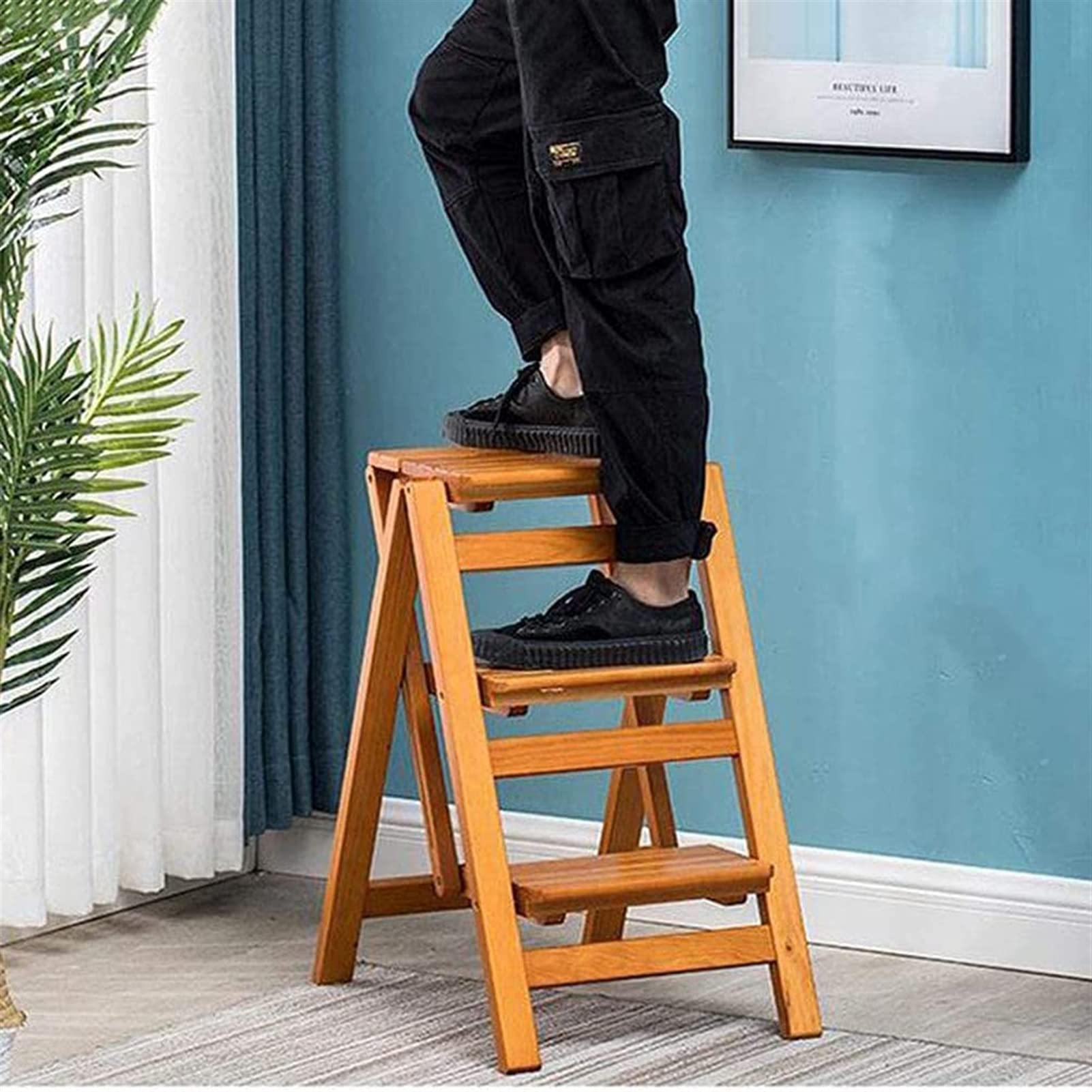 3-Step Wooden Folding Step Stool for Adults - Sturdy Indoor Climbing Stool, Multi-Functional Ladder Chair for Home, Library, Kitchen, and Storage - Compact & Space-Saving Design