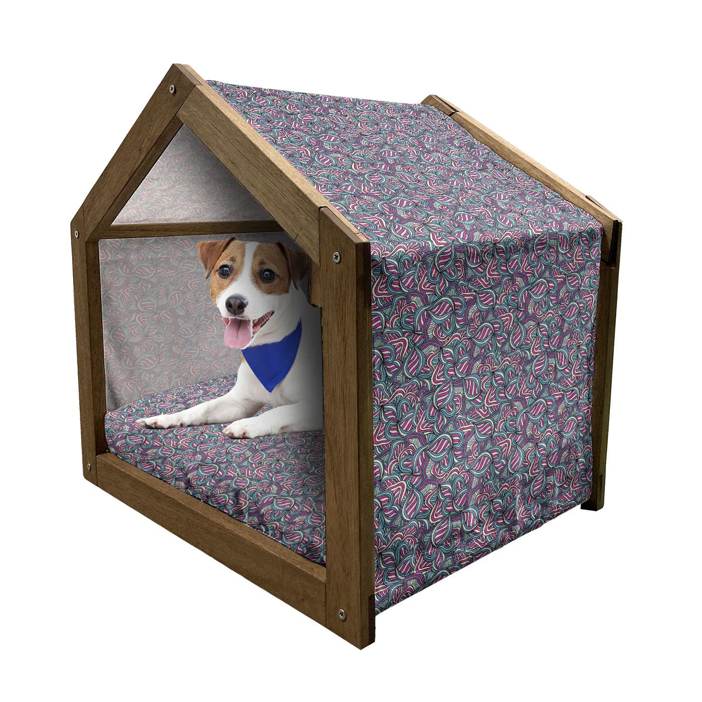 Ambesonne Abstract Wooden Pet House - Hand Drawn Bohemian Style Dog Kennel with Wavy Lines & Pillow Cover, Portable Indoor Outdoor Dog Bed for Medium Dogs (Fuchsia Slate Blue Cream) - Perfect for Living Rooms, Patios & Backyards