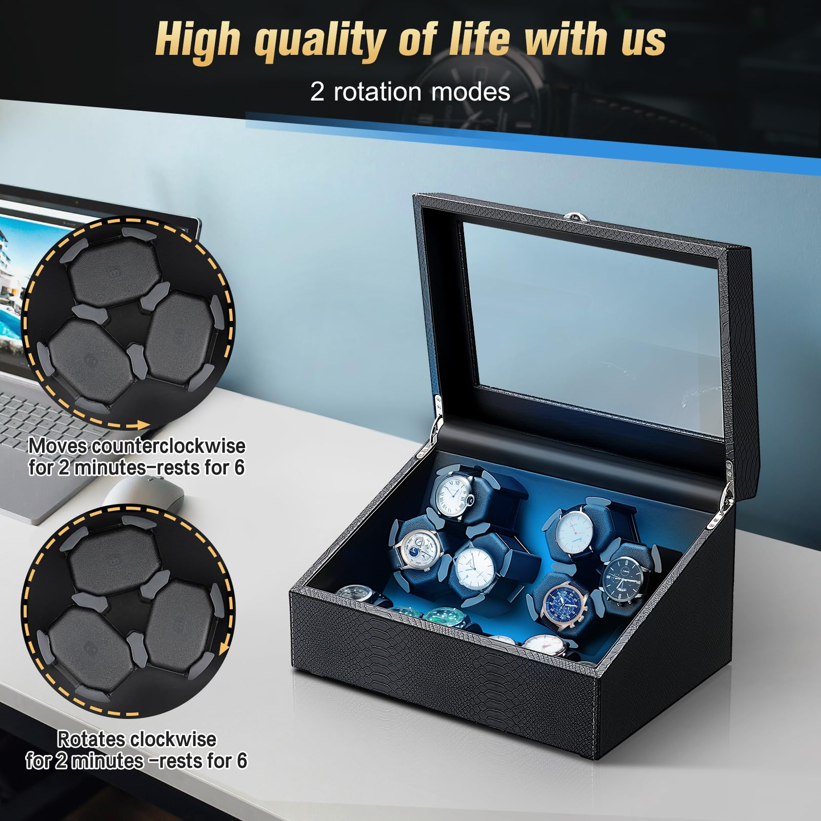 6 Watch Winder Box for Automatic Watches - Ultra Quiet Motor with Built-in LED Light - 6 Storage Slots - Perfect for Watch Collectors & Luxury Timepiece Display (Home/Office Use)