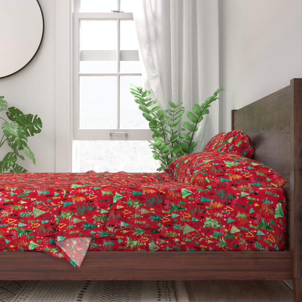 100% Cotton King Size 4-Piece Bed Sheet Set - Christmas Red Nature Forest Trees Winter Print Custom Bedding | Soft Breathable Sheets for Holiday Home Decor & Cozy Winter Nights