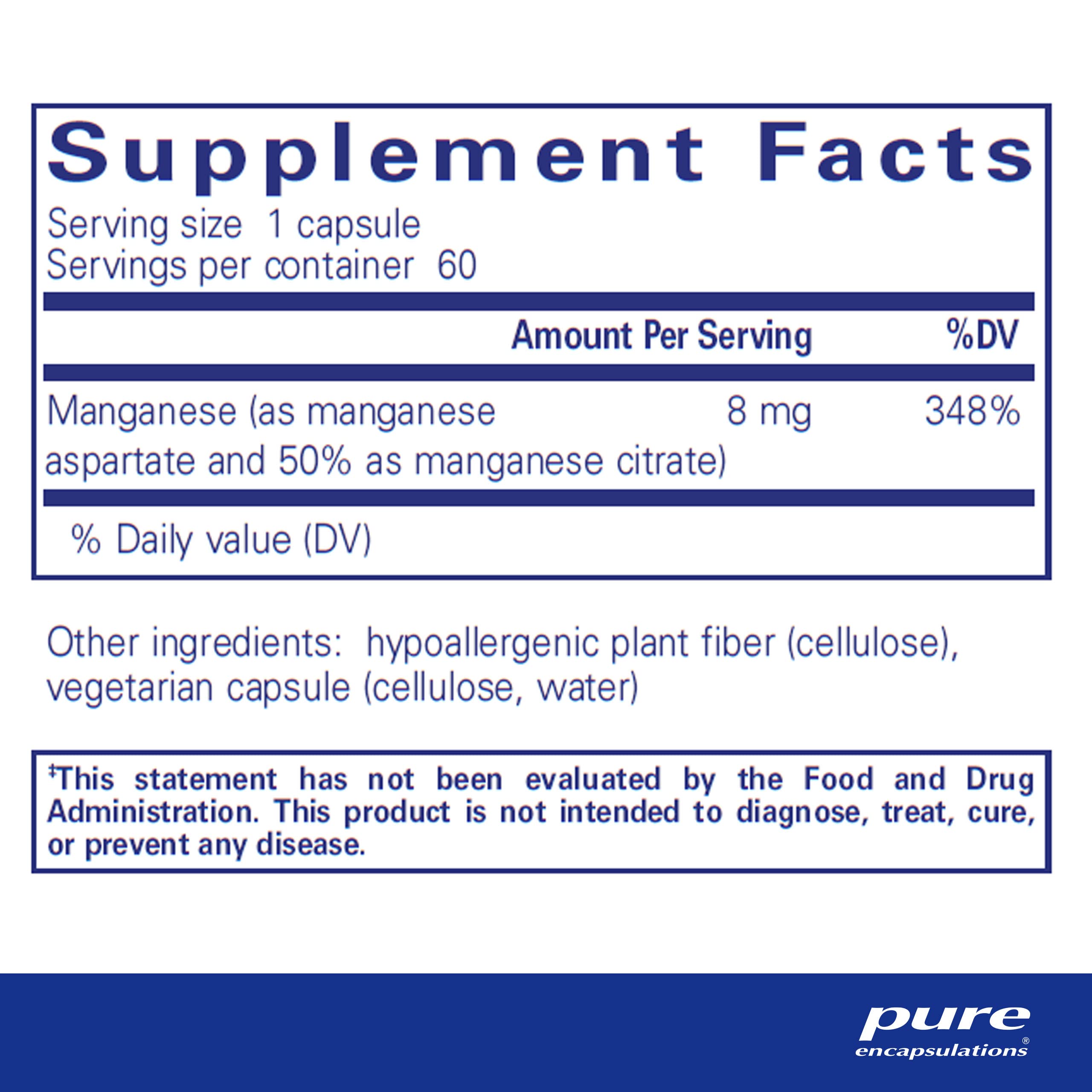 Pure Encapsulations Manganese (Aspartate/Citrate) - Hypoallergenic Trace Mineral Supplement for Bone Health & Joint Support | 60 Vegan Capsules | Supports Connective Tissue & Antioxidant Defense - Ideal for Athletes & Active Lifestyles