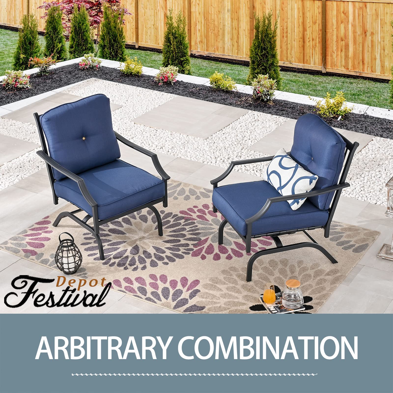 Festival Depot 2-Piece Patio Dining Chair Set - Metal Armchairs with Thick Cushions, Outdoor Furniture for Bistro, Garden, Poolside & Backyard (Blue) - Perfect for Relaxing & Entertaining