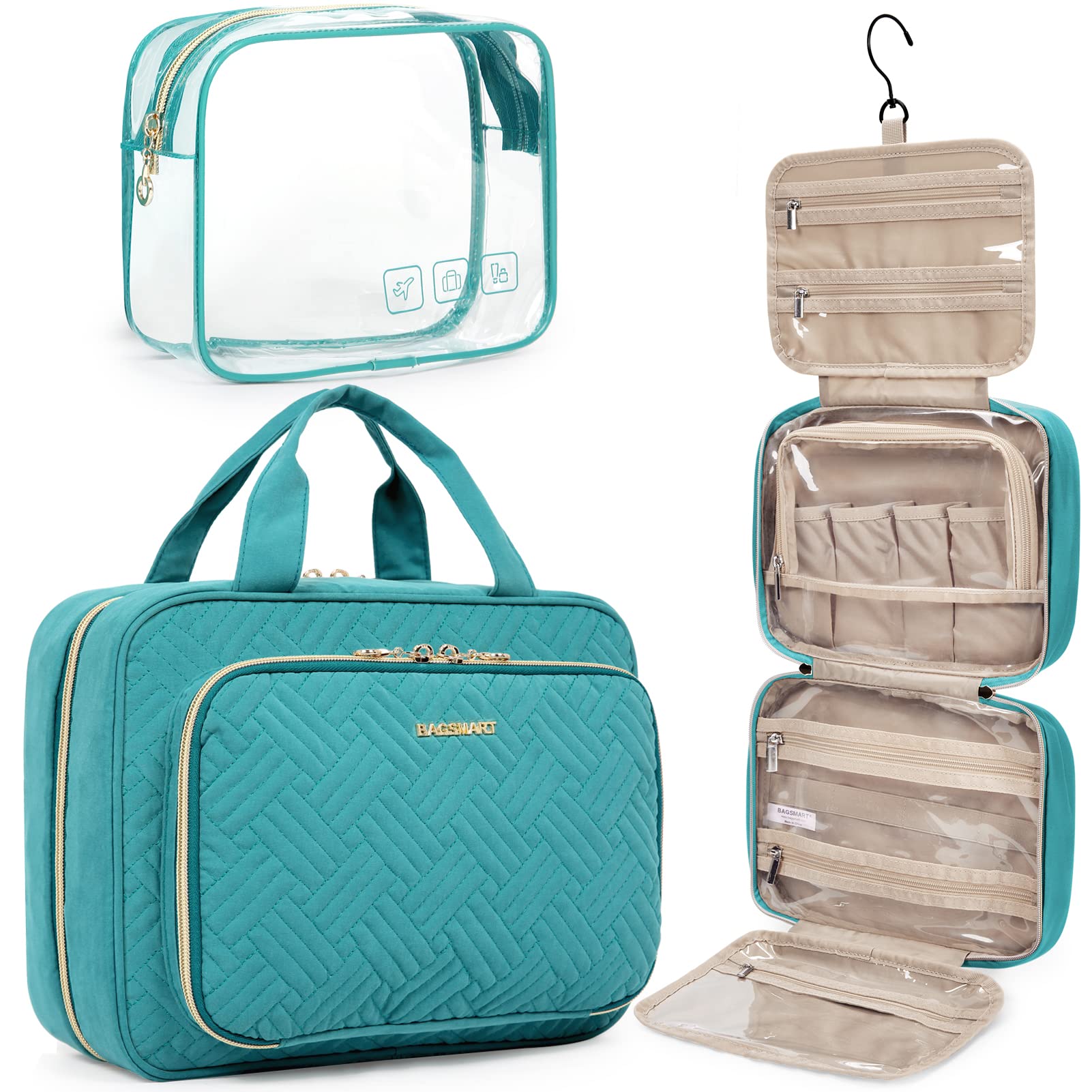 BAGSMART Hanging Travel Toiletry Bag with TSA Approved Transparent Cosmetic Pouch - Large Blue Makeup Organizer for Full-Sized Toiletries | Perfect for Air Travel, Camping & Gym Essentials