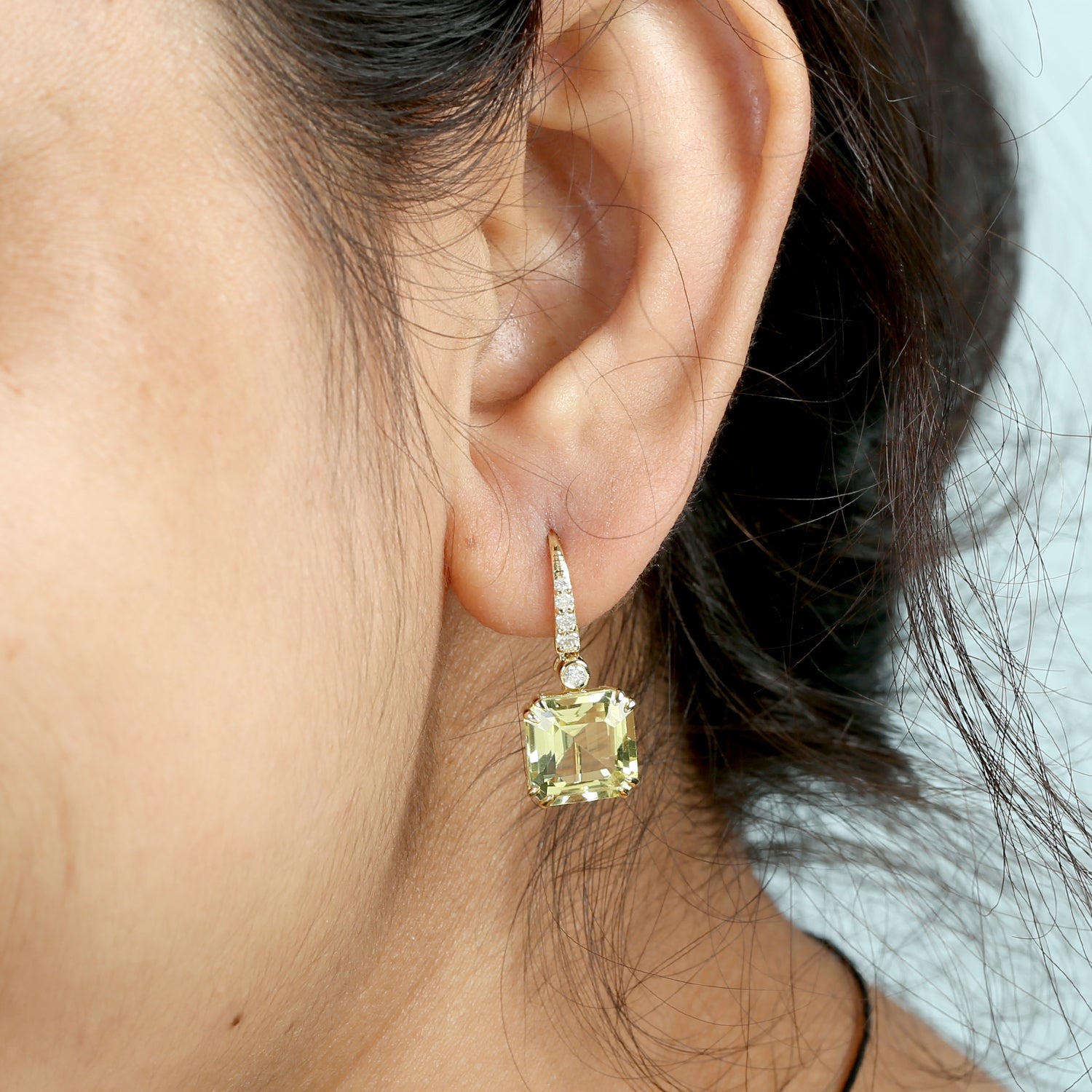 14K Yellow Gold Lemon Quartz Pave Diamond Ear Hook Earrings - Elegant Designer Jewelry for Women, Perfect for Weddings, Parties & Special Occasions