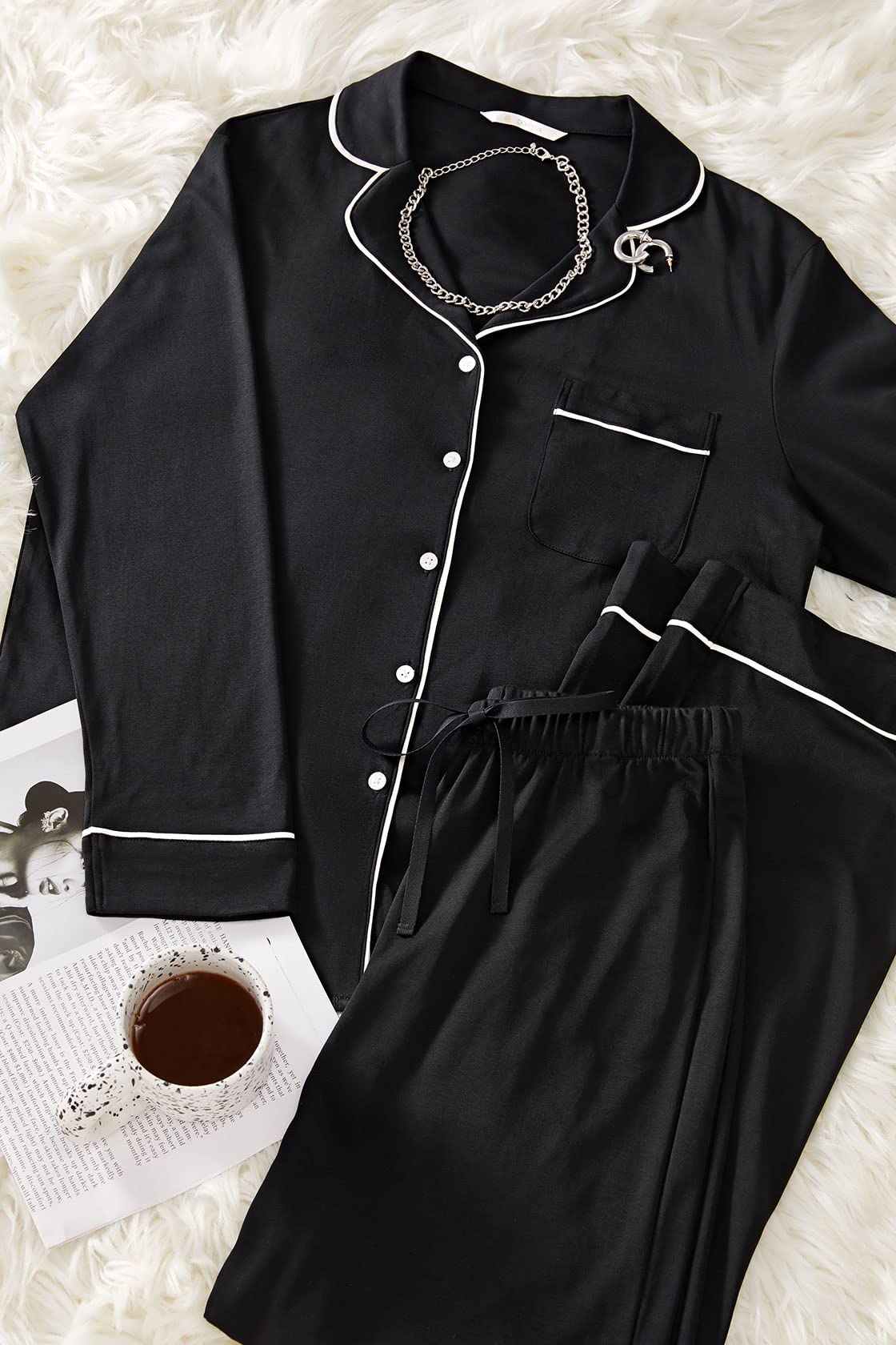 Dobreva Women's Cotton Pajama Set - Soft & Comfortable 2-Piece Lounge Wear with Long Sleeves & Button Up Top - Perfect for Sleepwear, Relaxing at Home, and Cozy Nights