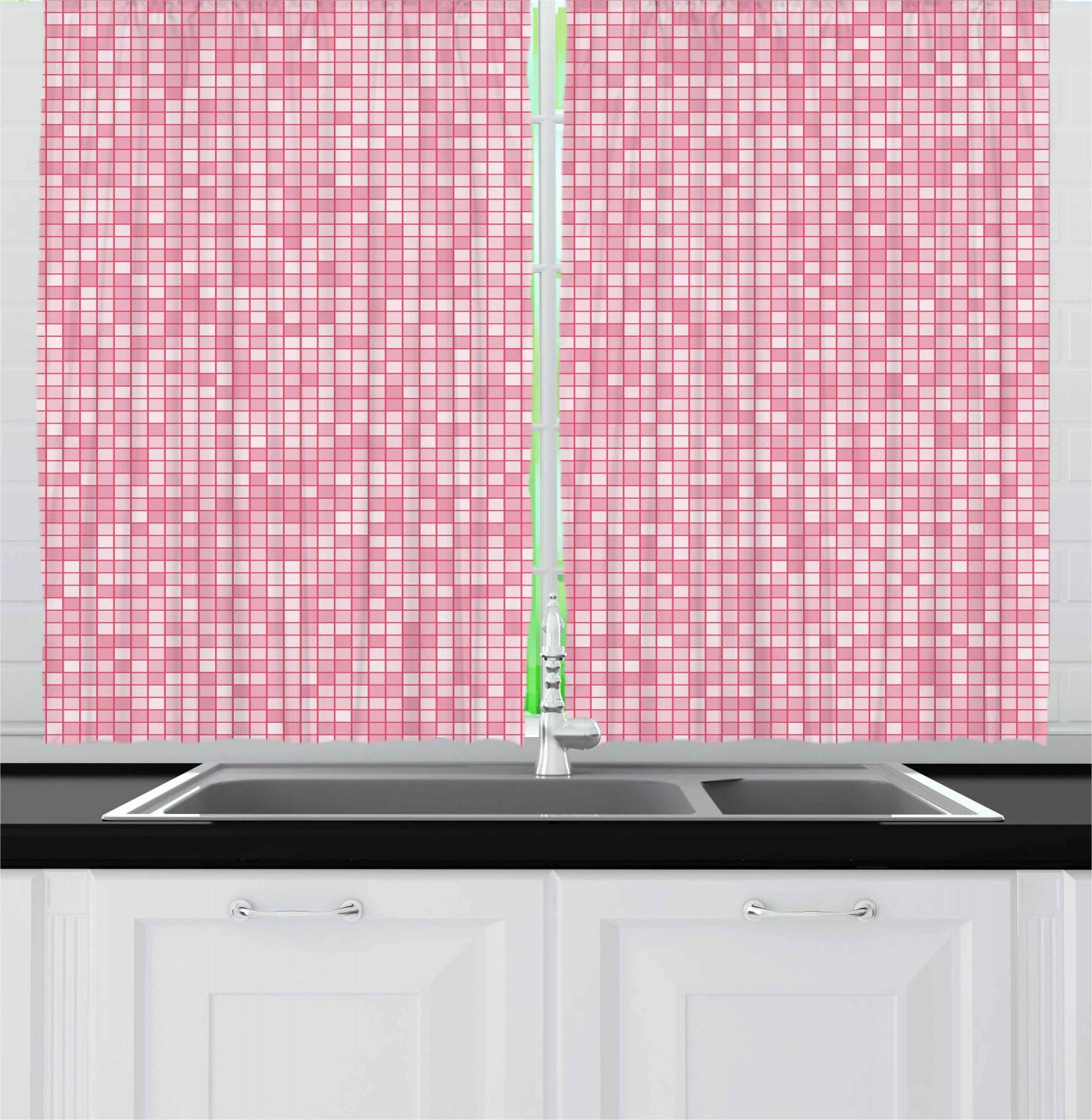Ambesonne Pink and White Kitchen Curtains Set of 2 - Gingham Style Mosaic Tile Design in Pale Pink Shades, Modern Grid Pattern with Small Squares, 55