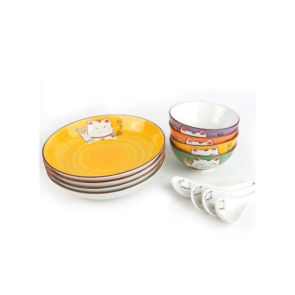 Maneki Neko Lucky Cat Complete 12-Piece Porcelain Dinnerware Set - Green, Orange, Purple, Yellow - Perfect for Asian-Themed Dining, Home Decor & Gift Giving