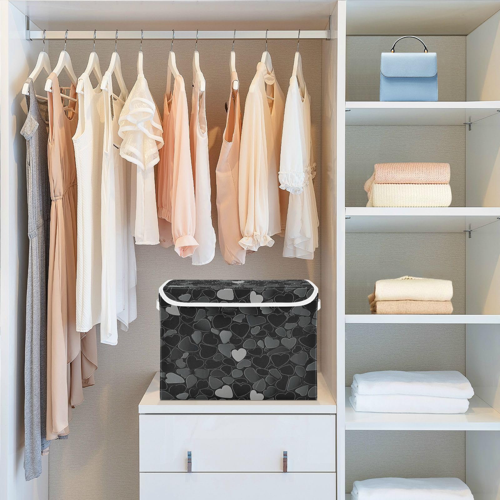 Valentine's Day Storage Baskets - Collapsible Fabric Bins with Lids, Black & Gray Heart Pattern Organizing Boxes for Clothes, Toys & Home Organization | Perfect for Bedroom, Closet & Laundry Room Storage
