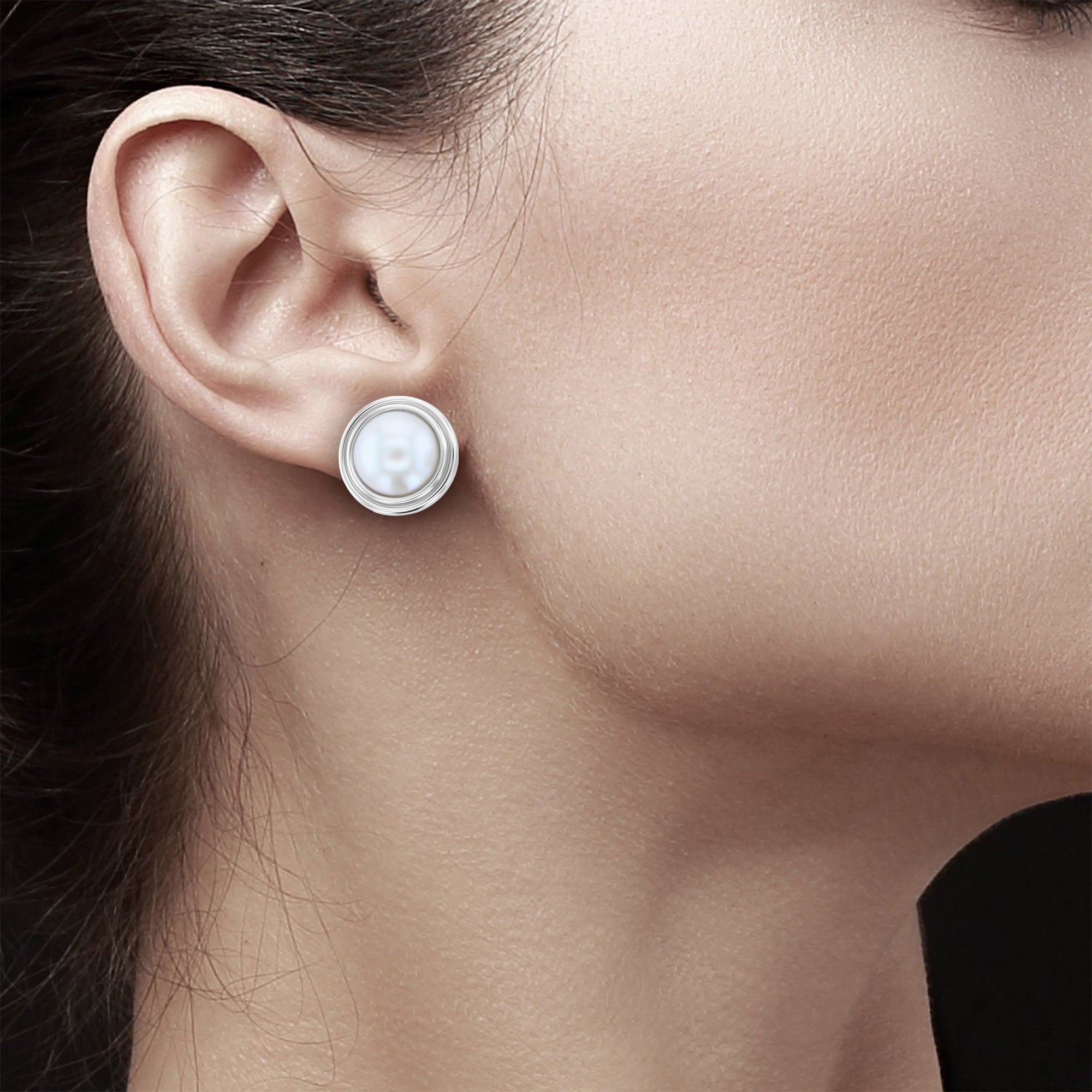 19MM Mabe Pearl Earrings with 14k White Gold Bezel Frame - Elegant Jewelry for Weddings, Parties & Special Occasions