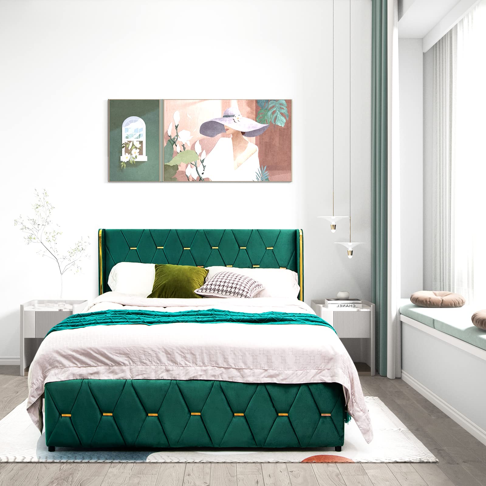 Giantex Full Size Upholstered Platform Bed Frame with Adjustable Headboard - Wooden Slat Support, Heavy Duty Gold Trim Tufted Design - No Box Spring Needed - Easy Assembly - Green Velvet - Perfect for Modern Bedrooms, Guest Rooms & Small Spaces