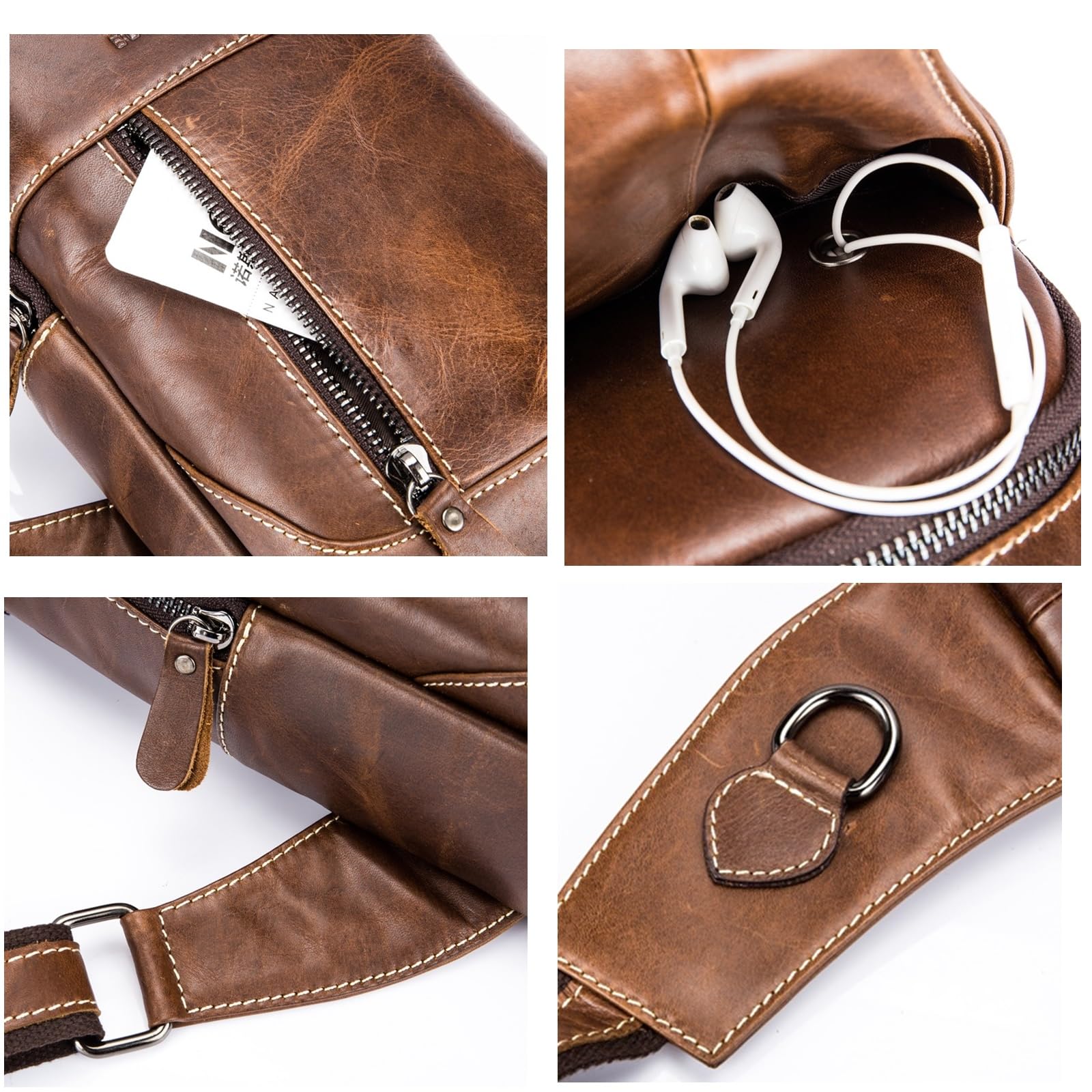 BULLCAPTON Genuine Leather Men's Sling Backpack - Multi-Pocket Crossbody Chest Bag with Earphone Hole - Durable Travel & Casual Backpack for Work, Gym & Outdoor Adventures (Brown)