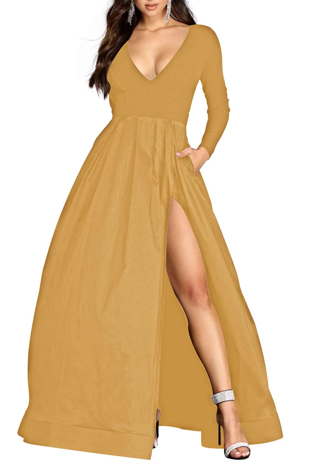 Elegant Long Sleeve V-Neck Prom Dress with High Slit - Satin Formal Evening Gown for Homecoming, Ball, and Special Occasions