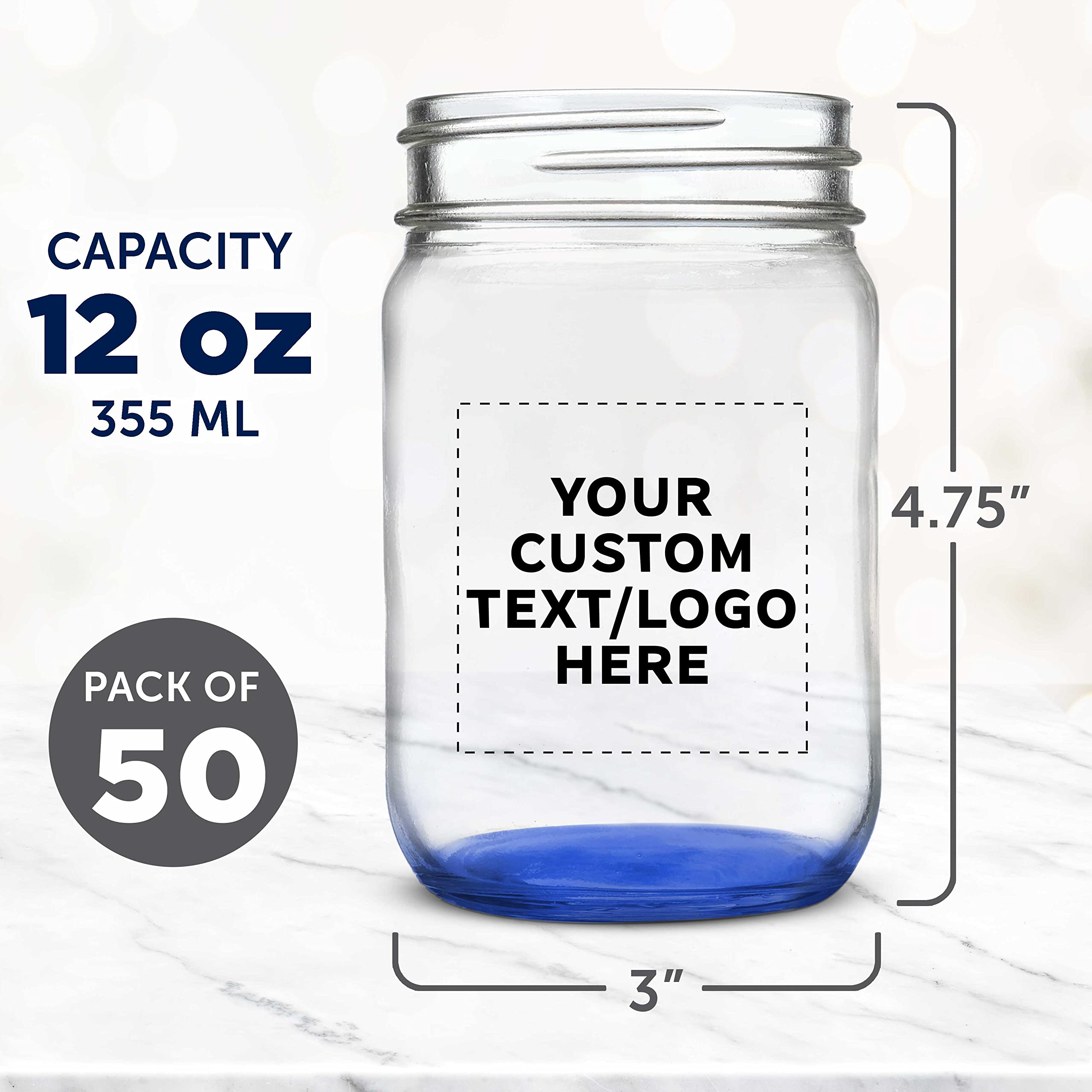 Customized 12 oz Mason Jars Bulk Pack (Set of 50) - Blue Glass Jars for Food Storage, DIY Crafts, Wedding Favors - Perfect for Overnight Oats, Candies, Pickling, Spices & Beverages - Great for Home, Kitchen, Party Decor & Gift Packaging
