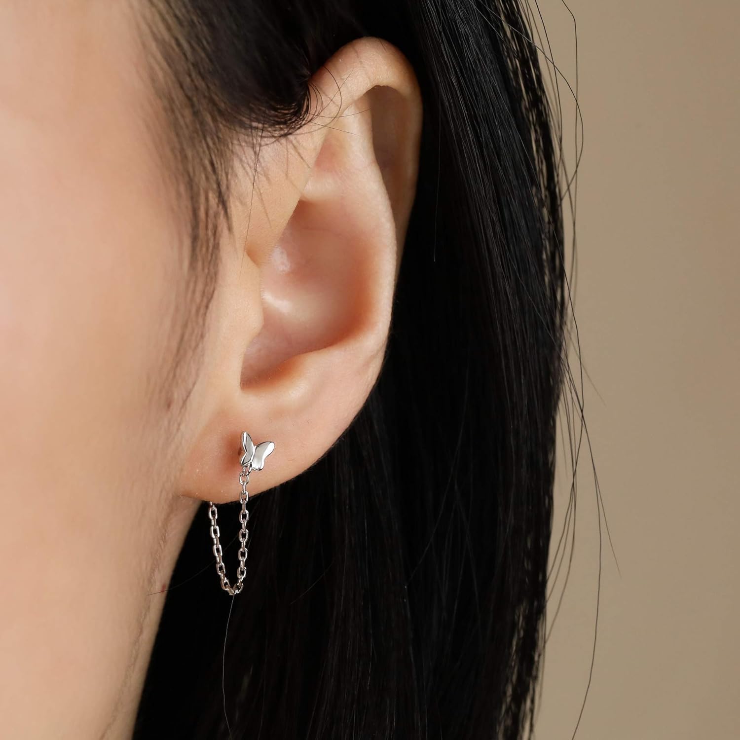 Elegant S.Leaf Butterfly Chain Threader Earrings for Women - Sterling Silver & Gold Dainty Stud Earrings - Perfect for Parties, Weddings & Everyday Wear
