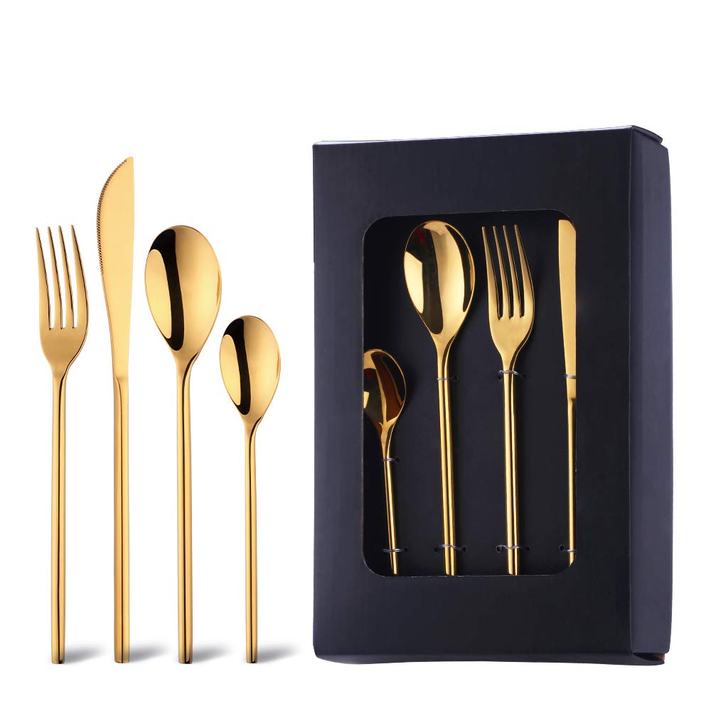 Premium 20-Piece Silverware Set - 18/10 Stainless Steel Flatware with Mirror Polish & Gold Accents - 5-Person Dining Set in Gift Box - Dishwasher Safe - Perfect for Dinner Parties, Weddings & Everyday Use