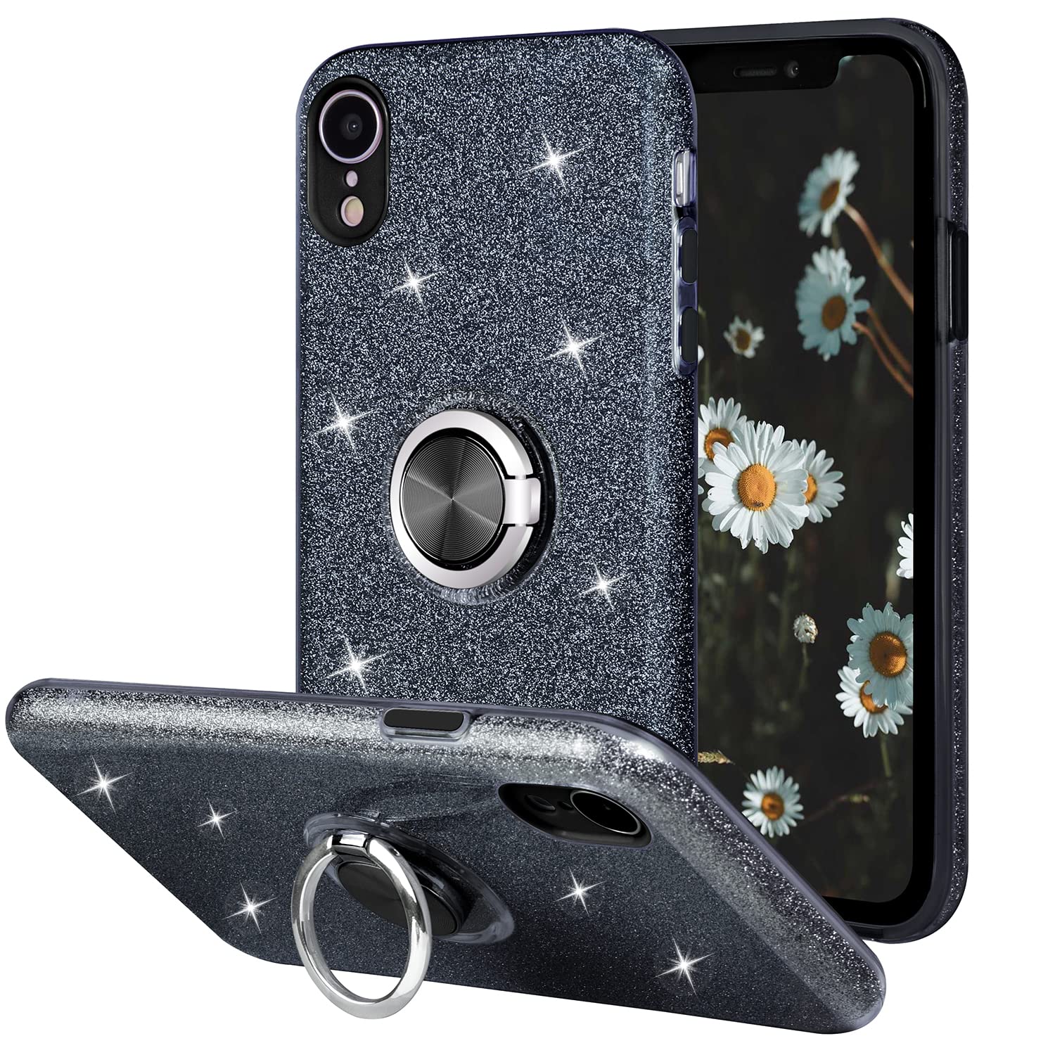 Wisdompro Sparkle Glitter Bling Protective Case with Ring Kickstand for iPhone XR 6.1 Inch - Cute Women Girls Phone Cover in Black | Perfect for Daily Use, Work, and Travel