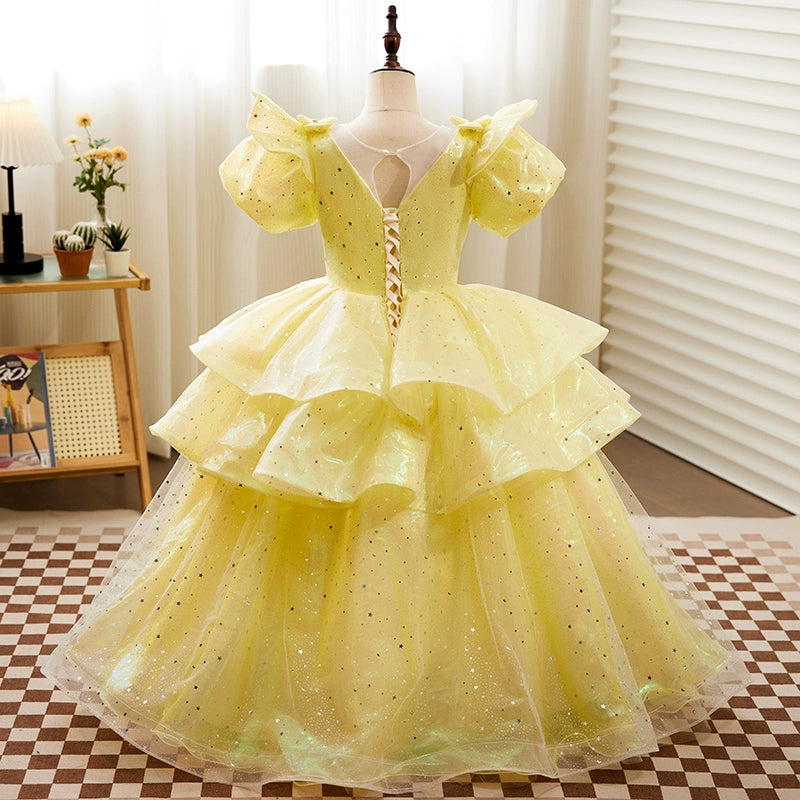 Yellow Princess Round Floor Length Organza Flower Girl Dress for Weddings, Baptisms & Special Occasions - Elegant & Comfortable Kids Formal Wear