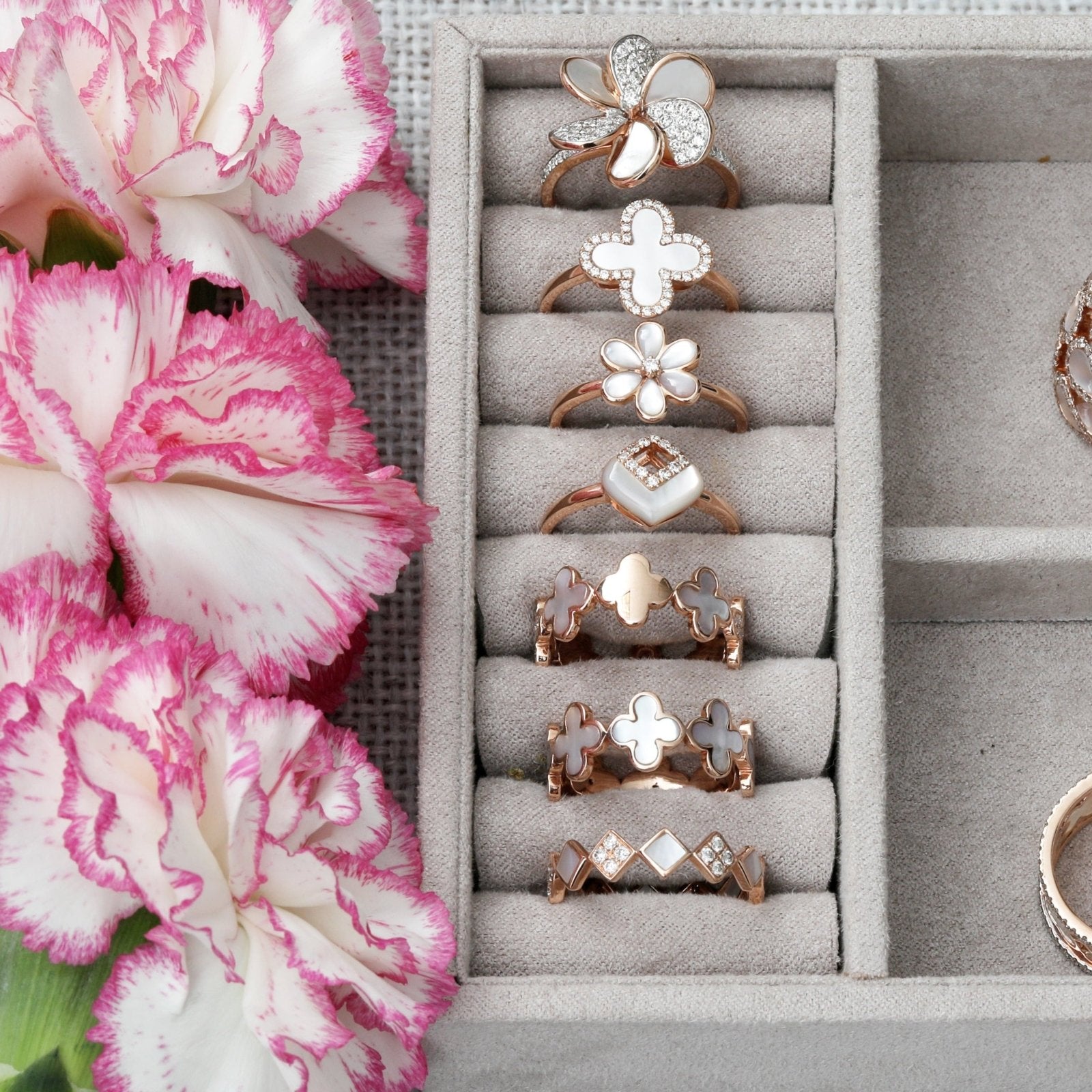 14k Rose Gold Mother of Pearl Clover Eternity Ring - Elegant Four Leaf Clover Jewelry for Women - Perfect for Anniversaries, Weddings & Special Occasions