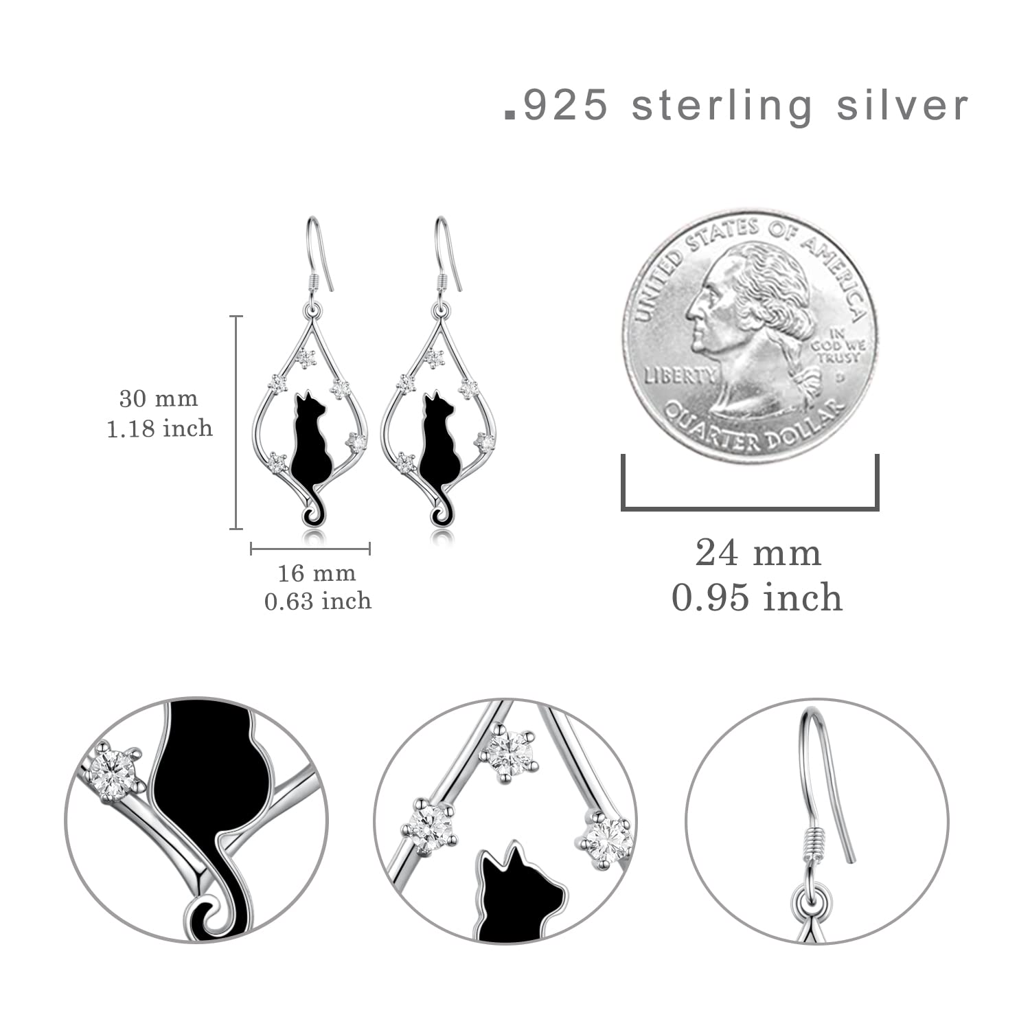 925 Sterling Silver Black Cat Dangle Earrings - Cute Cat Lover Jewelry Gift for Women | Perfect for Halloween, Birthday & Everyday Wear