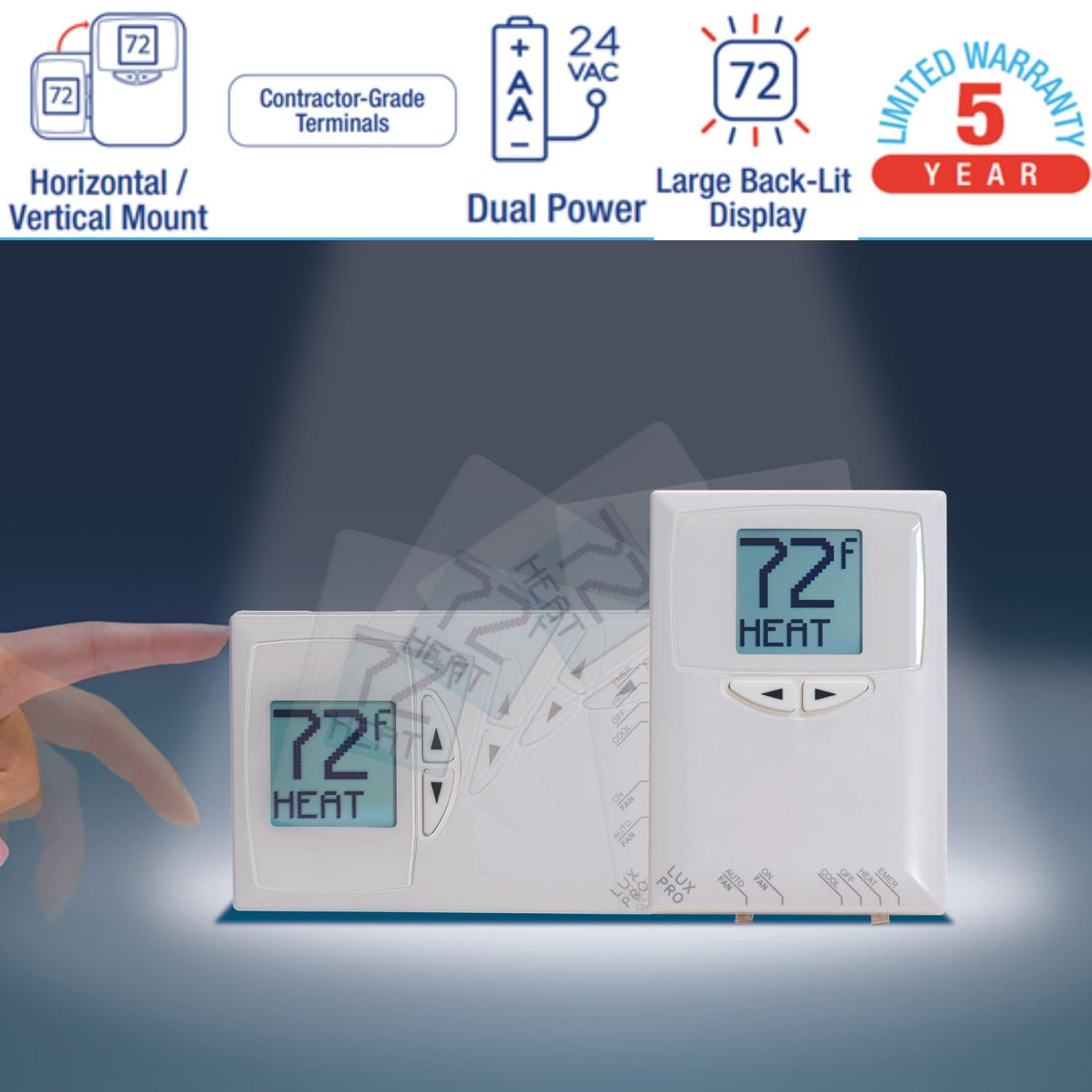 Lux Pro PSDH121B Non-Programmable Thermostat for Heat Pump - 2 Heat & 1 Cool Settings with Battery Included | Perfect for Home, Office & HVAC System Temperature Control