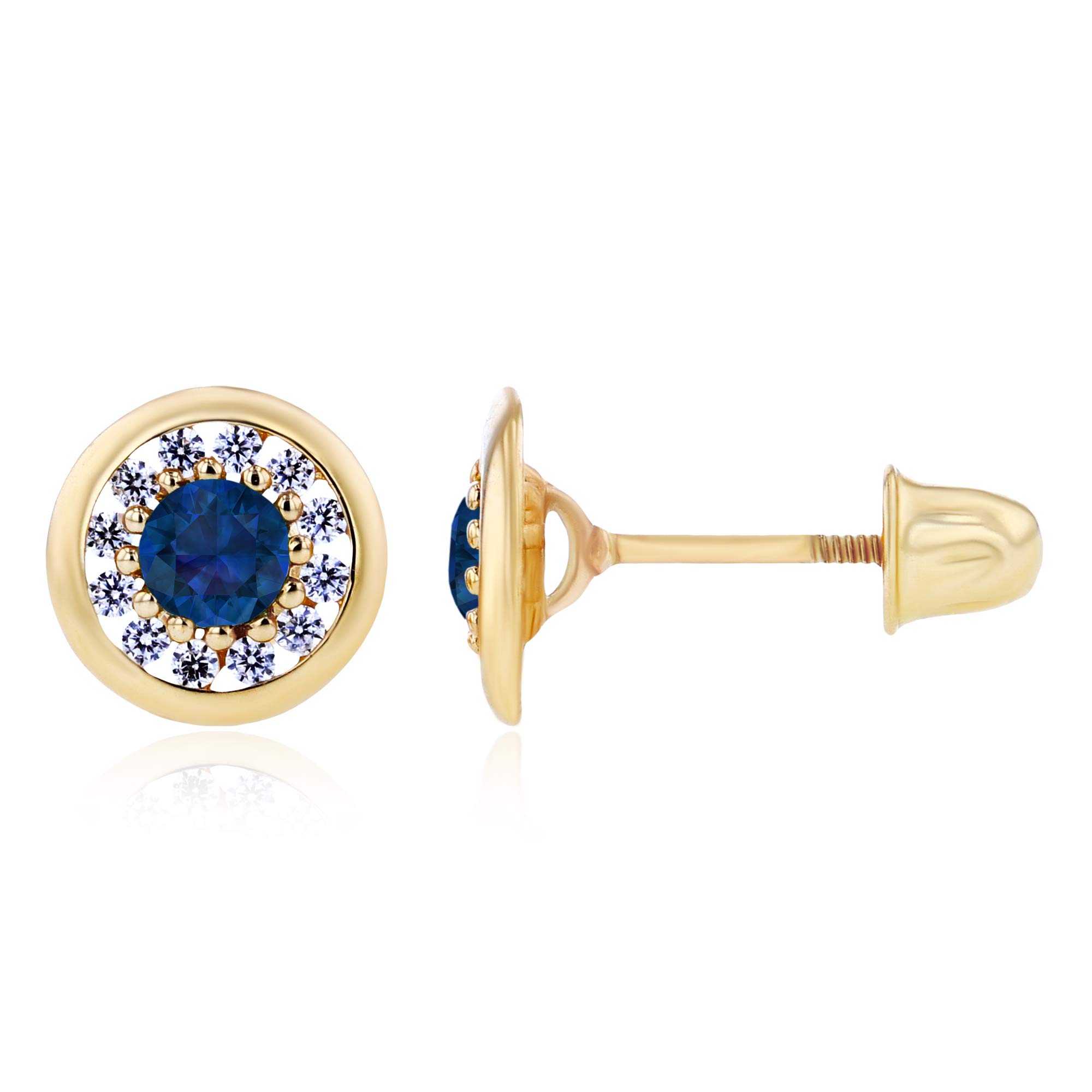 14K Solid Gold 7mm Circle Natural Birthstone Screwback Stud Earrings for Women | 3mm Birthstone & 1mm White Sapphire Pave Earrings | Perfect for Birthdays, Anniversaries & Everyday Elegance