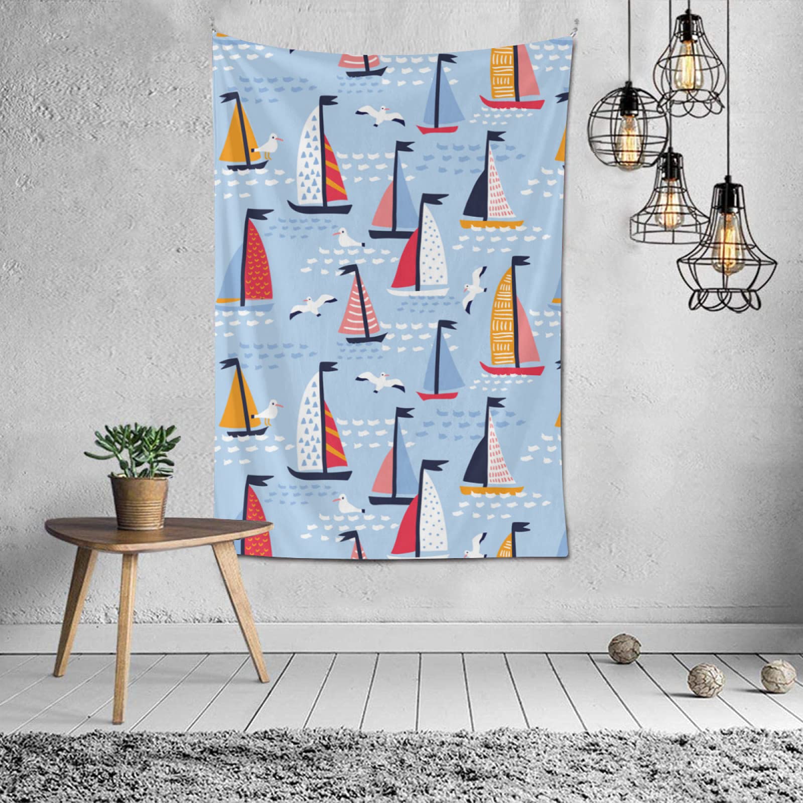 Hand-Painted Sailboat & Seagull Tapestry Wall Hanging - 40x60 Inch Tropical Beach Decor for Bedroom, Living Room - Aesthetic Polyester Wall Art for Boho, Coastal & Home Decoration