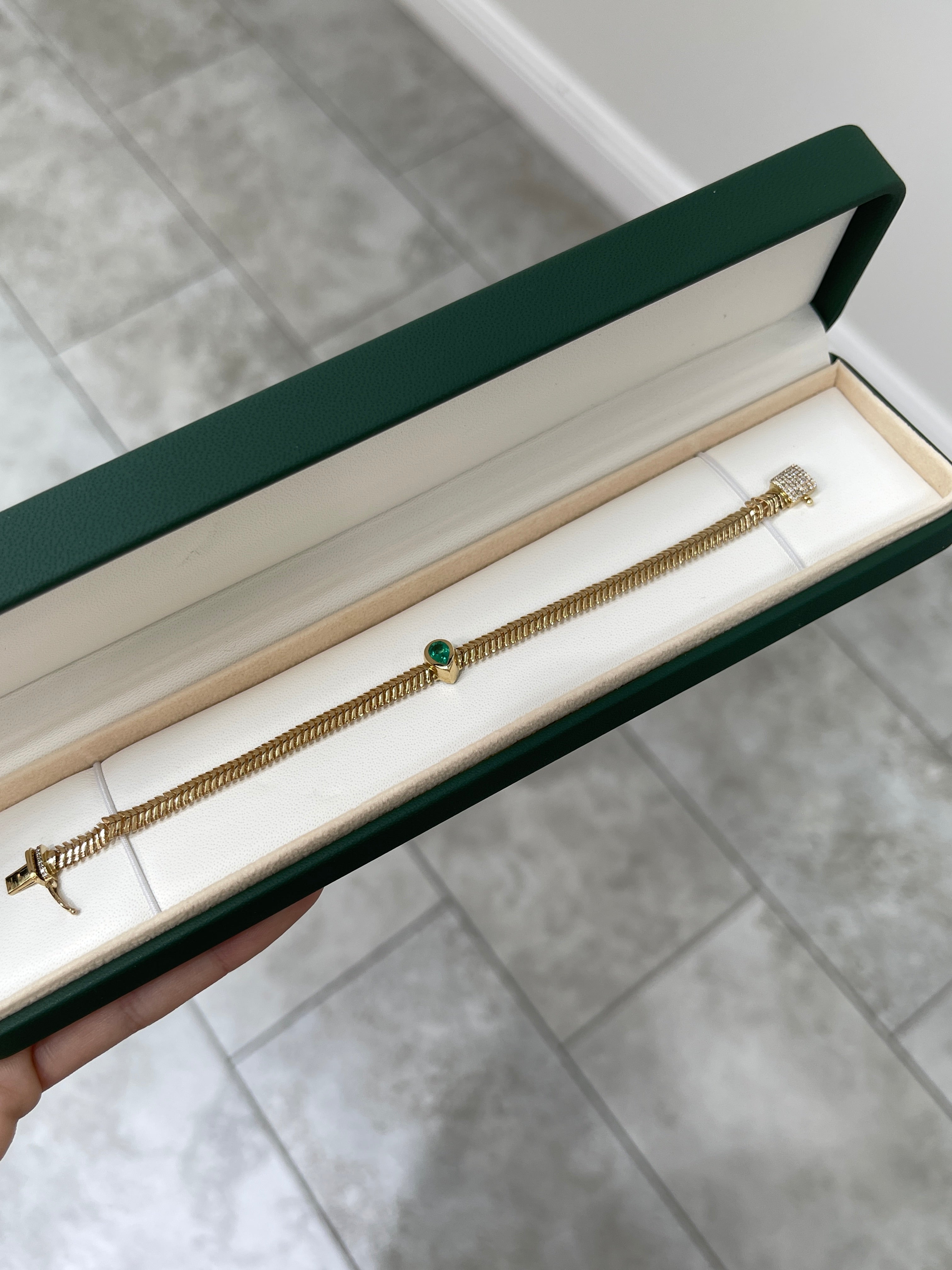 14K Gold Teardrop Emerald & Diamond Snake Chain Bracelet - Elegant Fine Jewelry for Women, 6.5 Inch Adjustable, Perfect for Weddings, Parties & Special Occasions