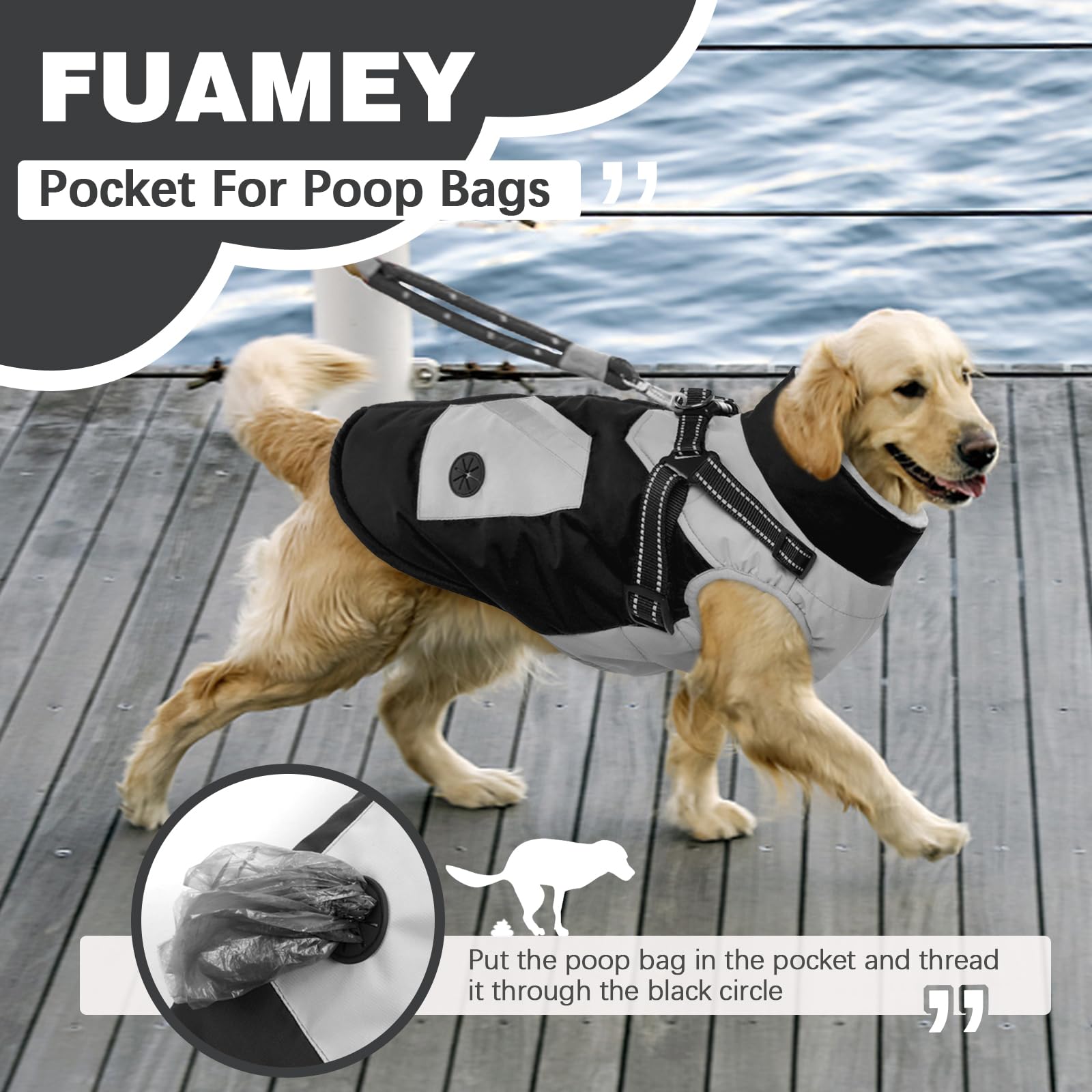 **FUAMEY Waterproof Reflective Dog Jacket with Built-in Harness & Zipper Back - Winter Snowsuit Coat for Medium Dogs, Black - Perfect for Outdoor Walks, Hiking & Cold Weather Protection**