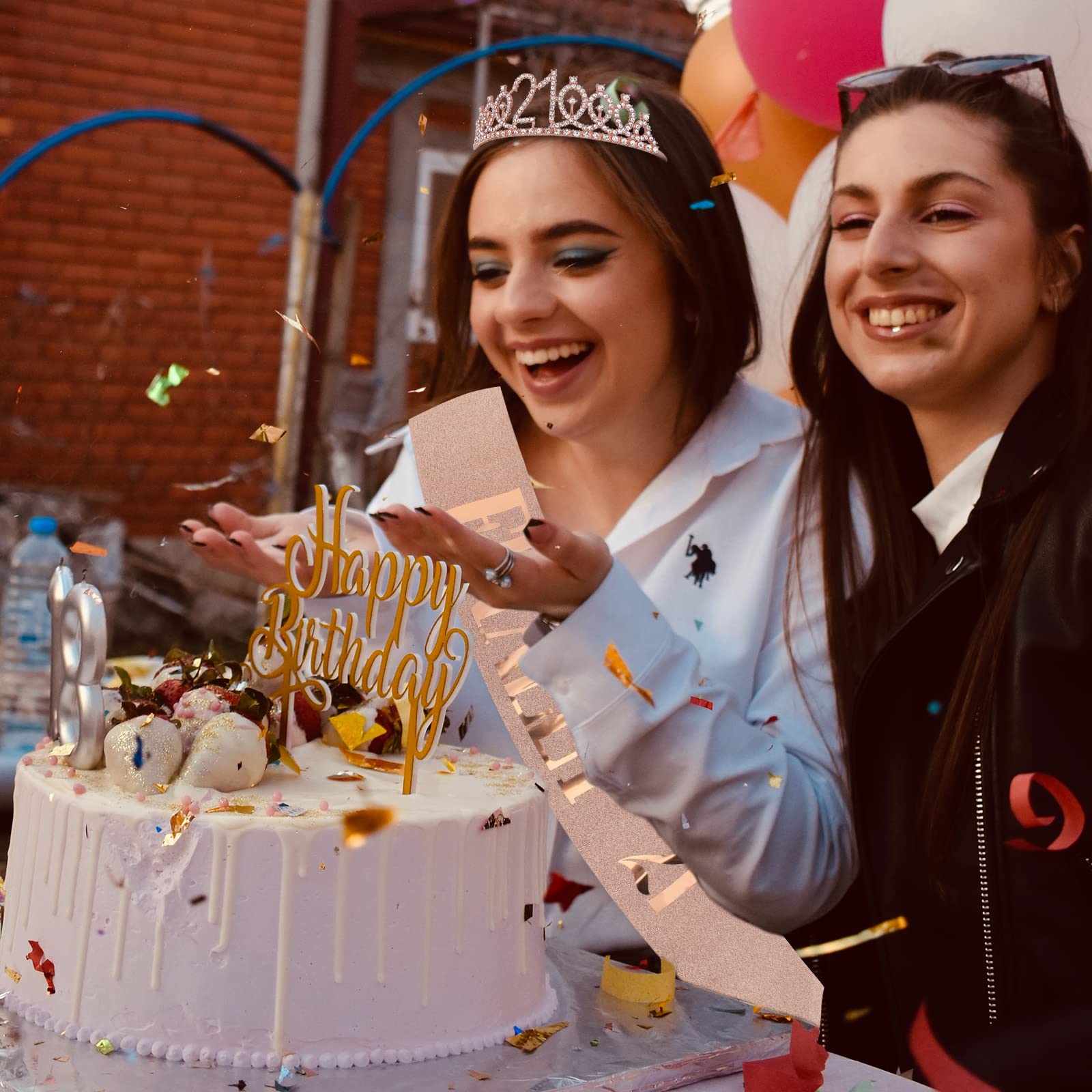 Rose Gold 21st Birthday Sash & Crown Set for Women - Elegant Tiaras & Sash for 21st Birthday Party Decorations - Perfect for Birthday Queen Celebrations, Bachelorette Parties & Special Occasions