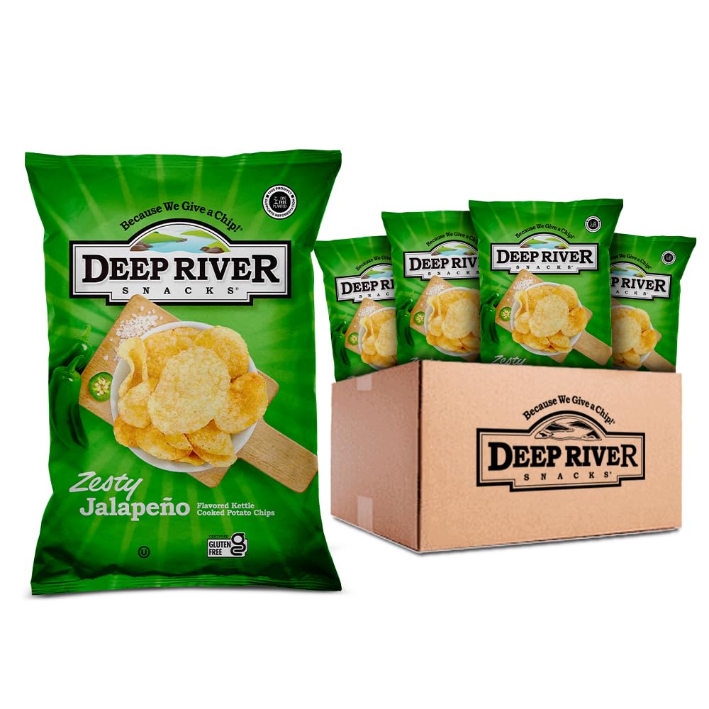 Deep River Snacks Zesty Jalapeno Kettle Cooked Potato Chips - Crunchy Gluten-Free Snack, 2oz Bags (Pack of 24) - Perfect for Parties, Picnics & Office Snacking