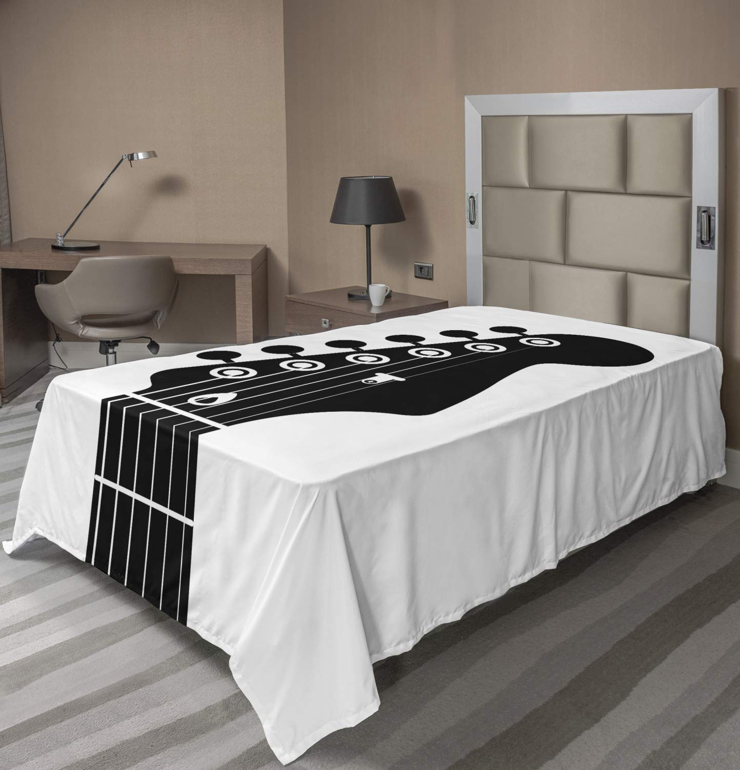 Ambesonne Guitar Flat Sheet - Monochrome Half Guitar Design with Strings, Soft & Comfortable Twin Size Bedding (Charcoal Grey & White) - Perfect for Music Lovers' Bedrooms, Dorm Rooms & Gift Ideas