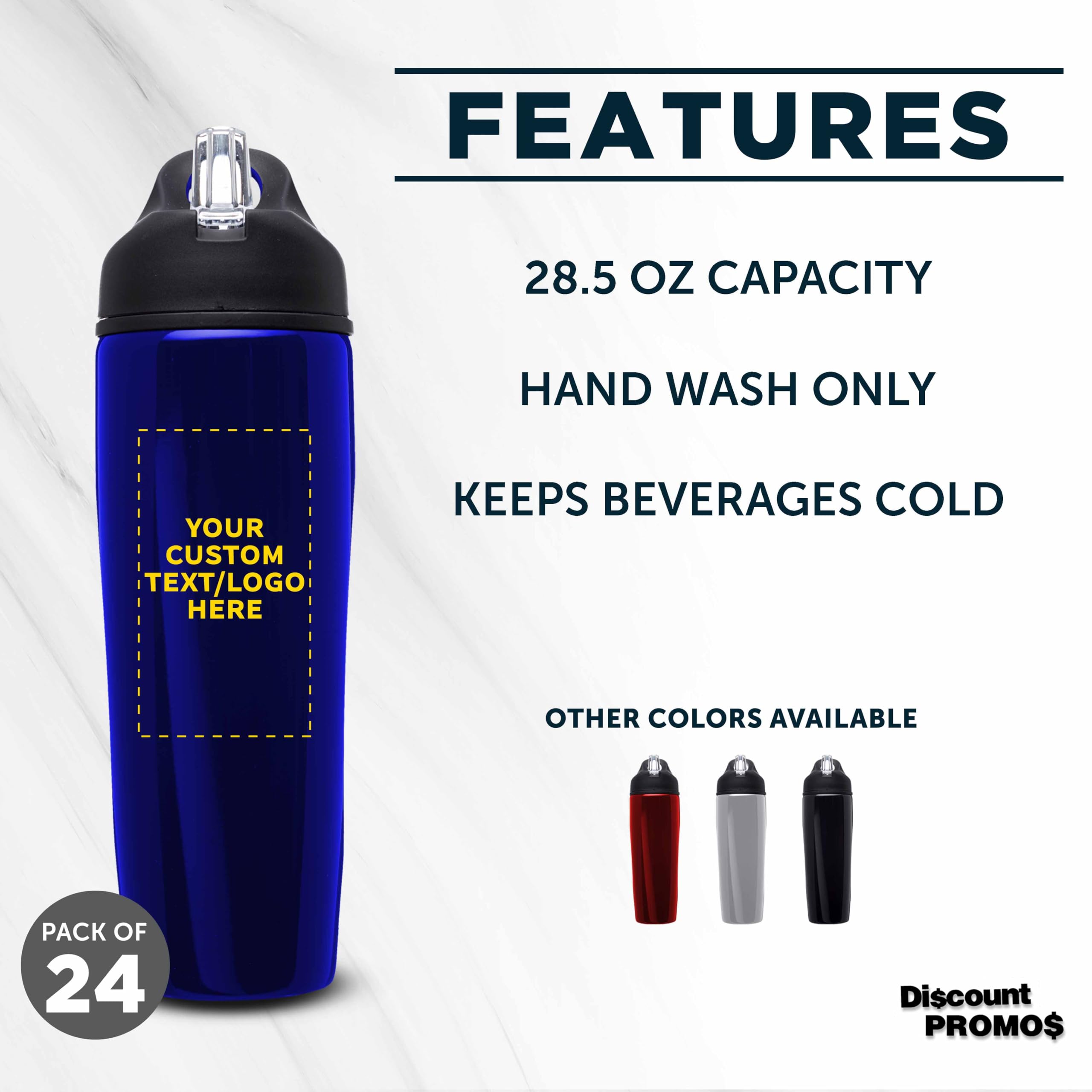 Custom Stainless Steel Water Bottles 24 Pack - Personalized Text & Logo - 28.5oz Metal Sports Bottles with Flip Top Lid - Leakproof & Easy Carry - Bulk Blue Water Bottles for Gym, Office, School & Outdoor Activities